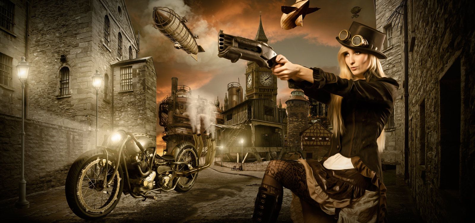 Città steampunk con motociclista, 1600x753 900p, PC