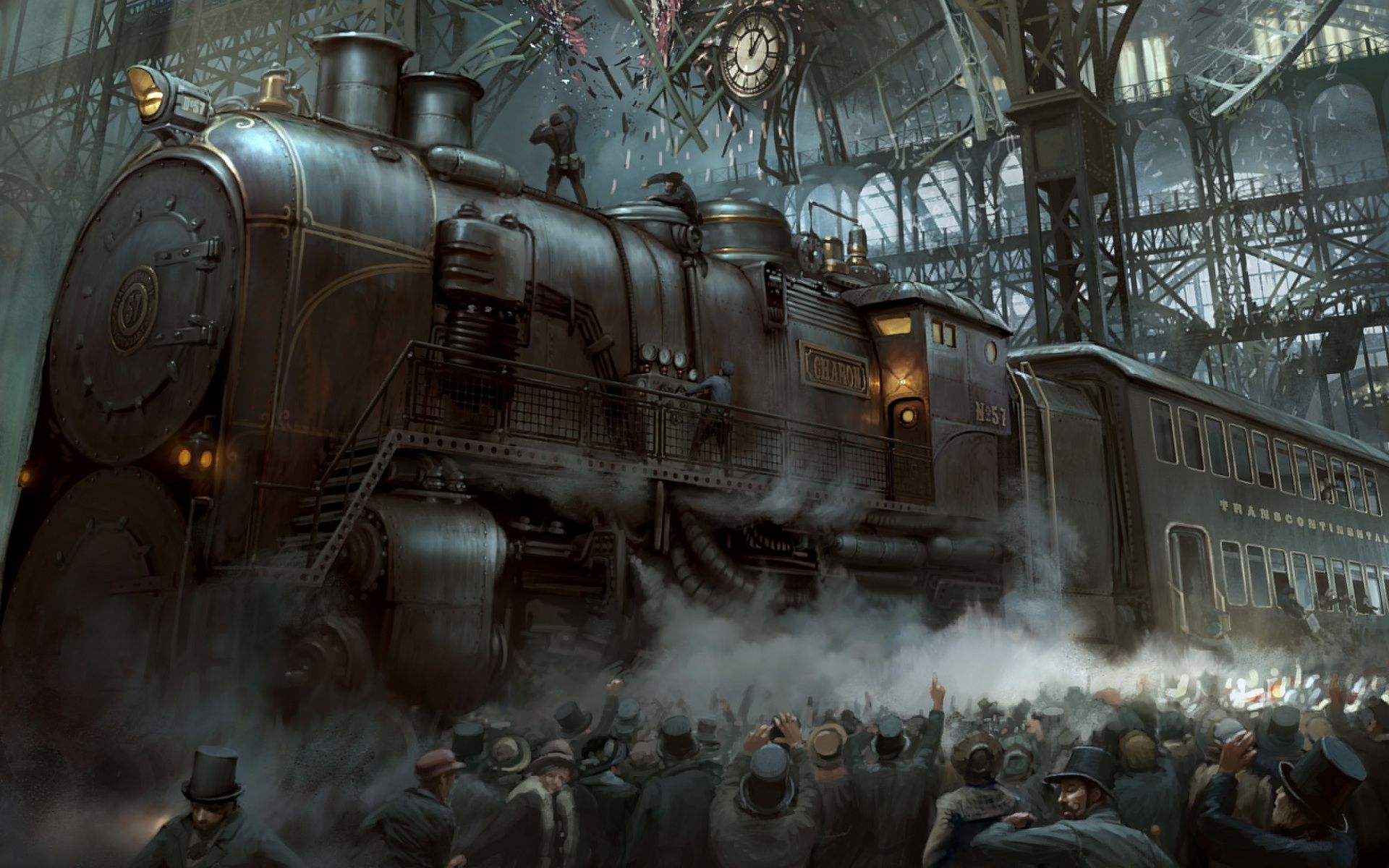 Locomotiva a vapore città steampunk, 1920x1200 WUXGA, Desktop