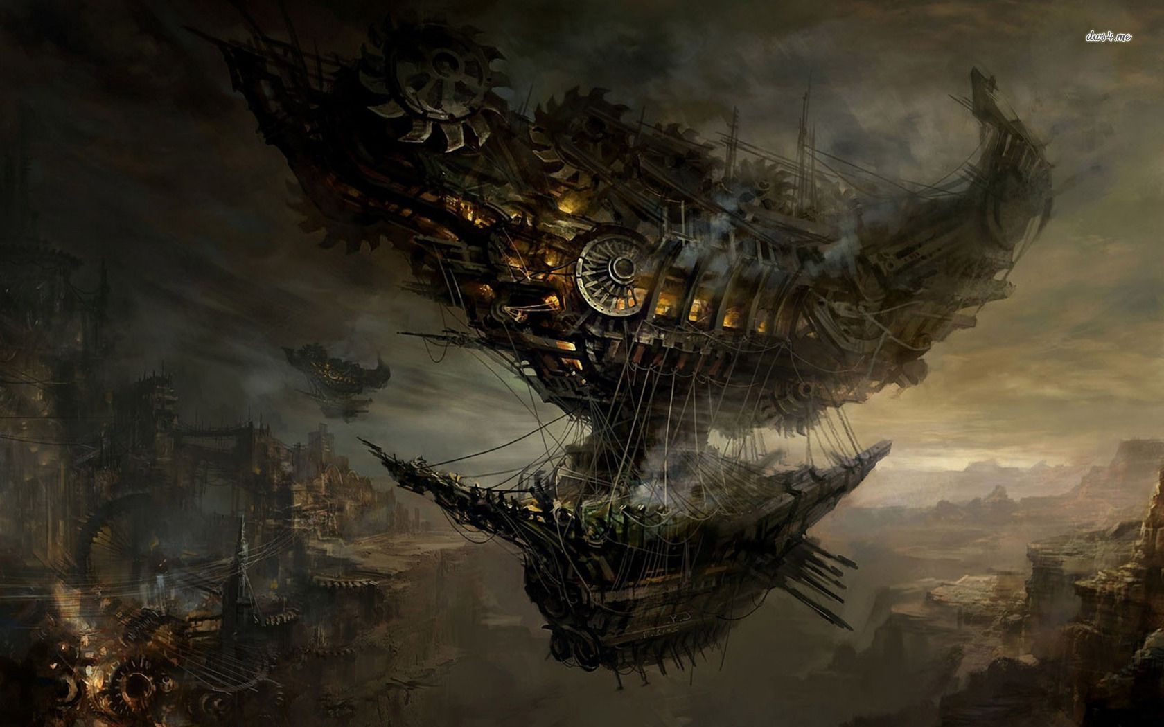Dirigibile steampunk sopra città, 1680x1050 HD, Desktop