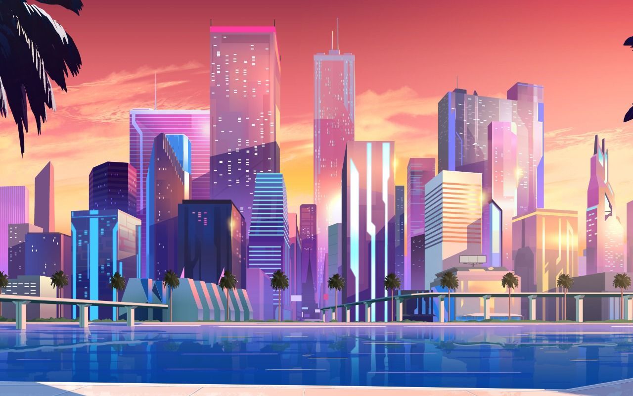 Skyline città vaporwave al tramonto, 1280x800 720p, Laptop