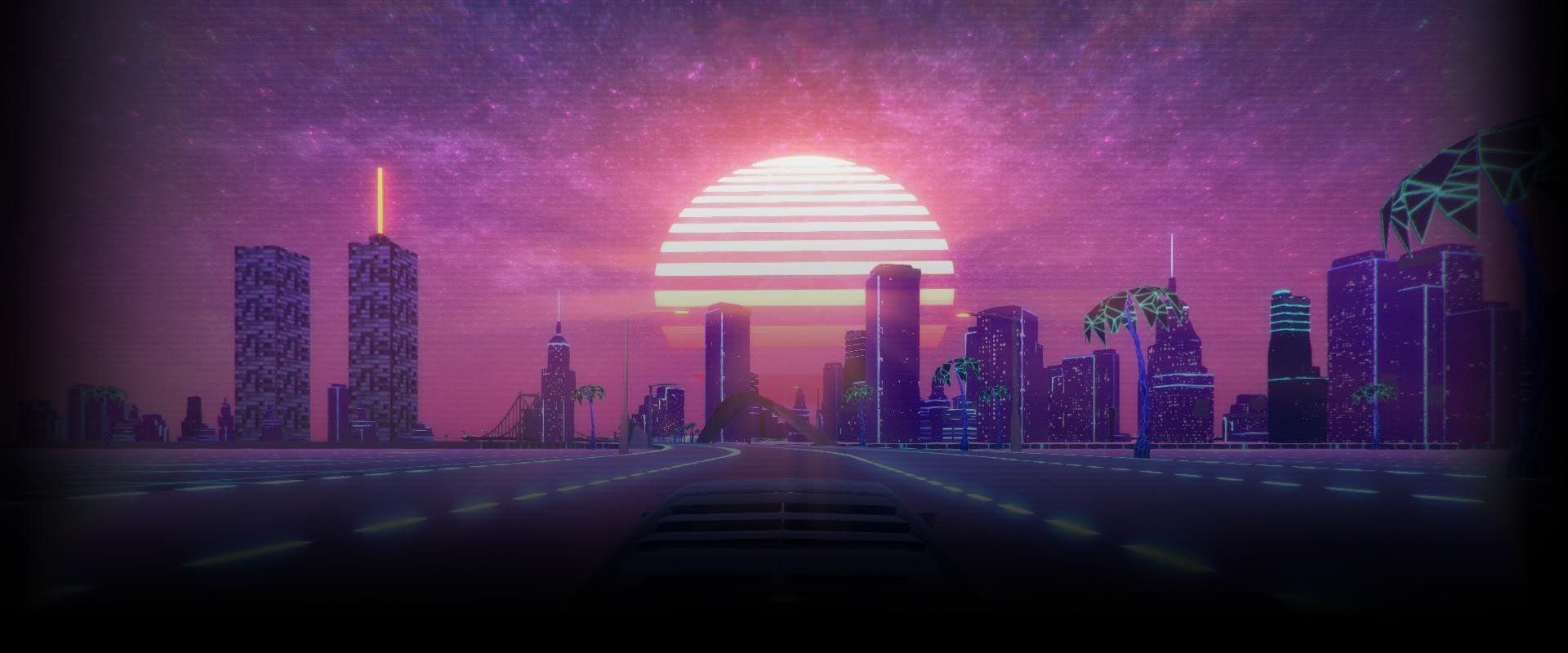 Città vaporwave al tramonto, 1920x800 Ultrawide, Dual Monitor