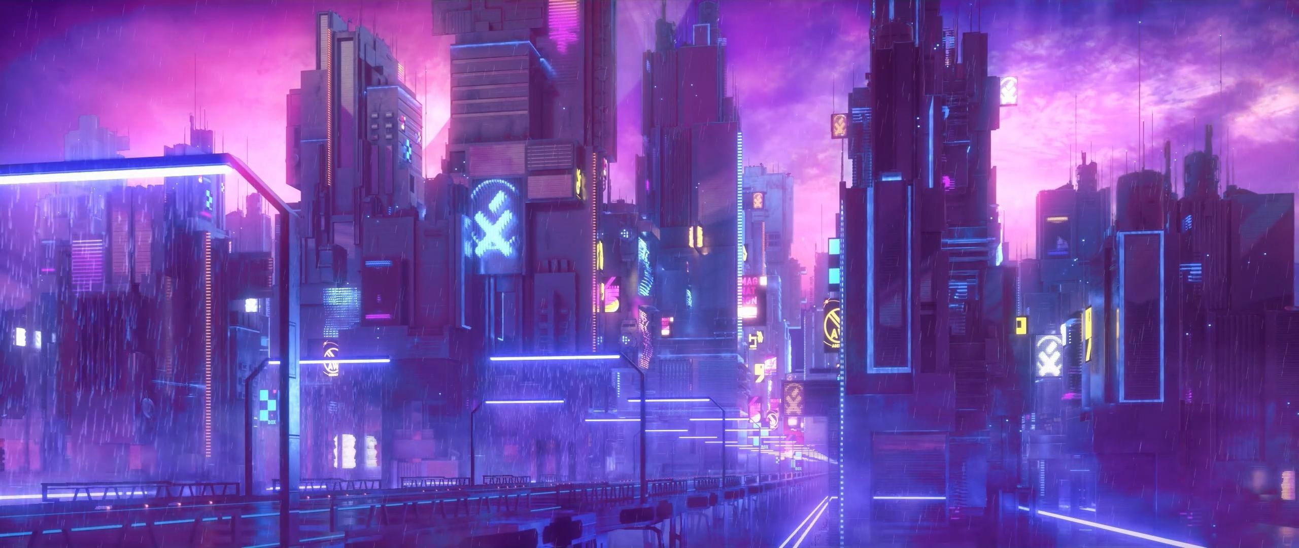 Città vaporwave viola neon, 2560x1080 Ultrawide, Dual Monitor