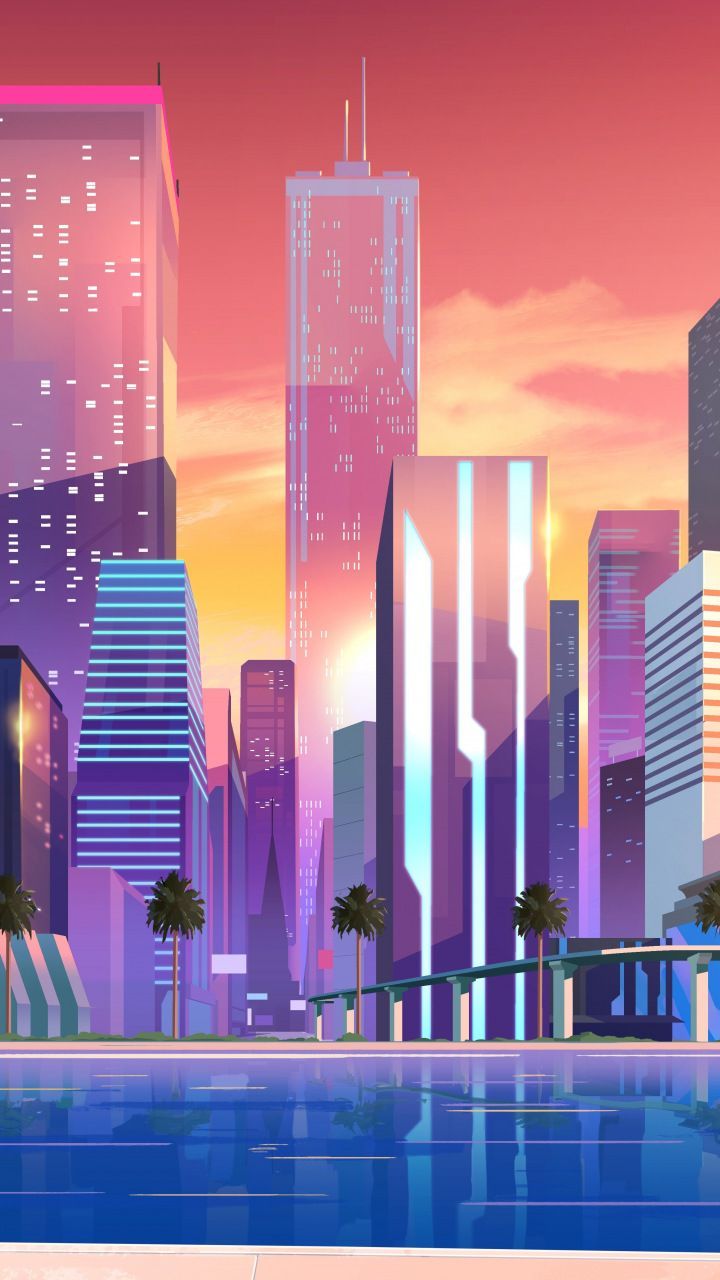 Città vaporwave con grattacieli, 720x1280 Full HD Verticale, Smartphone