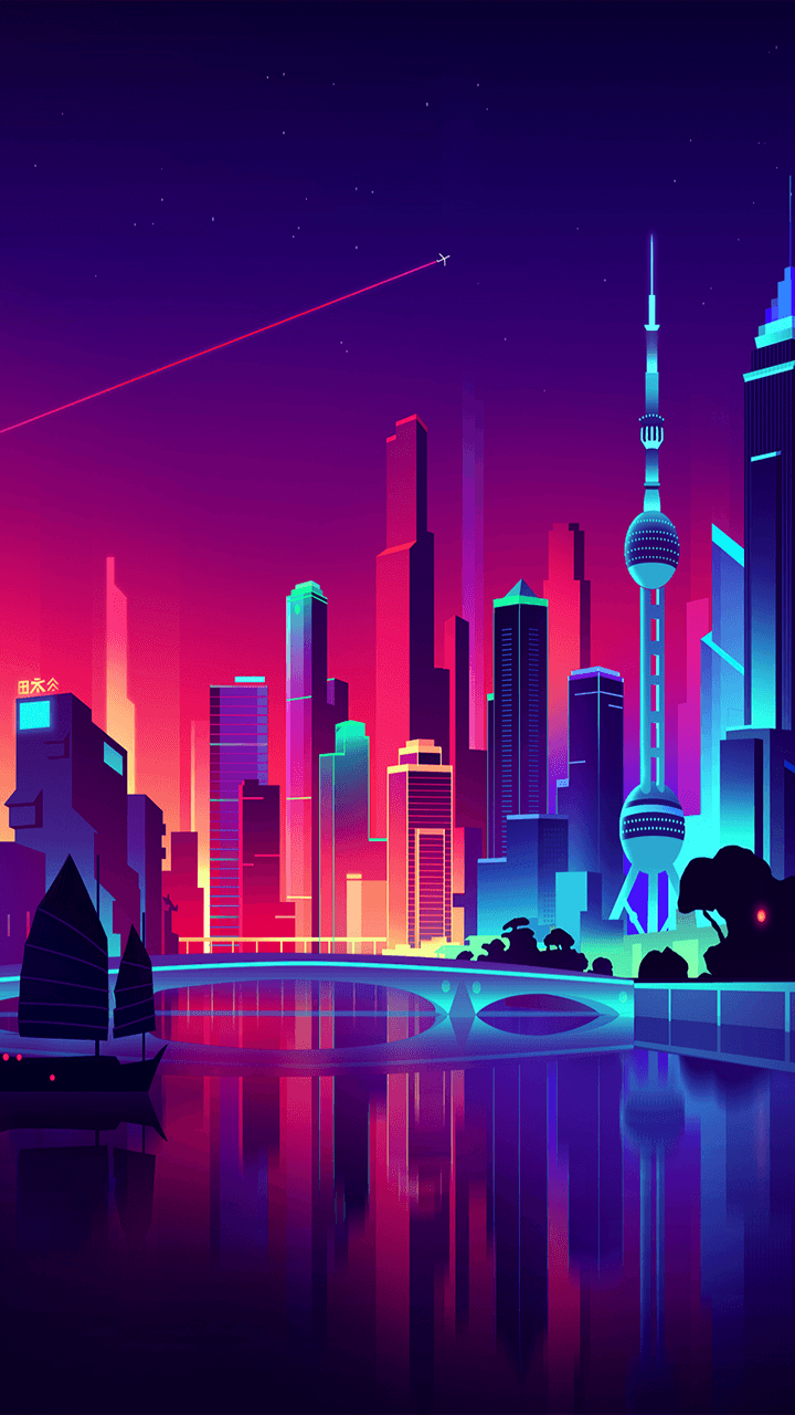 Città vaporwave neon notturna, 720x1280 Verticale, Mobile