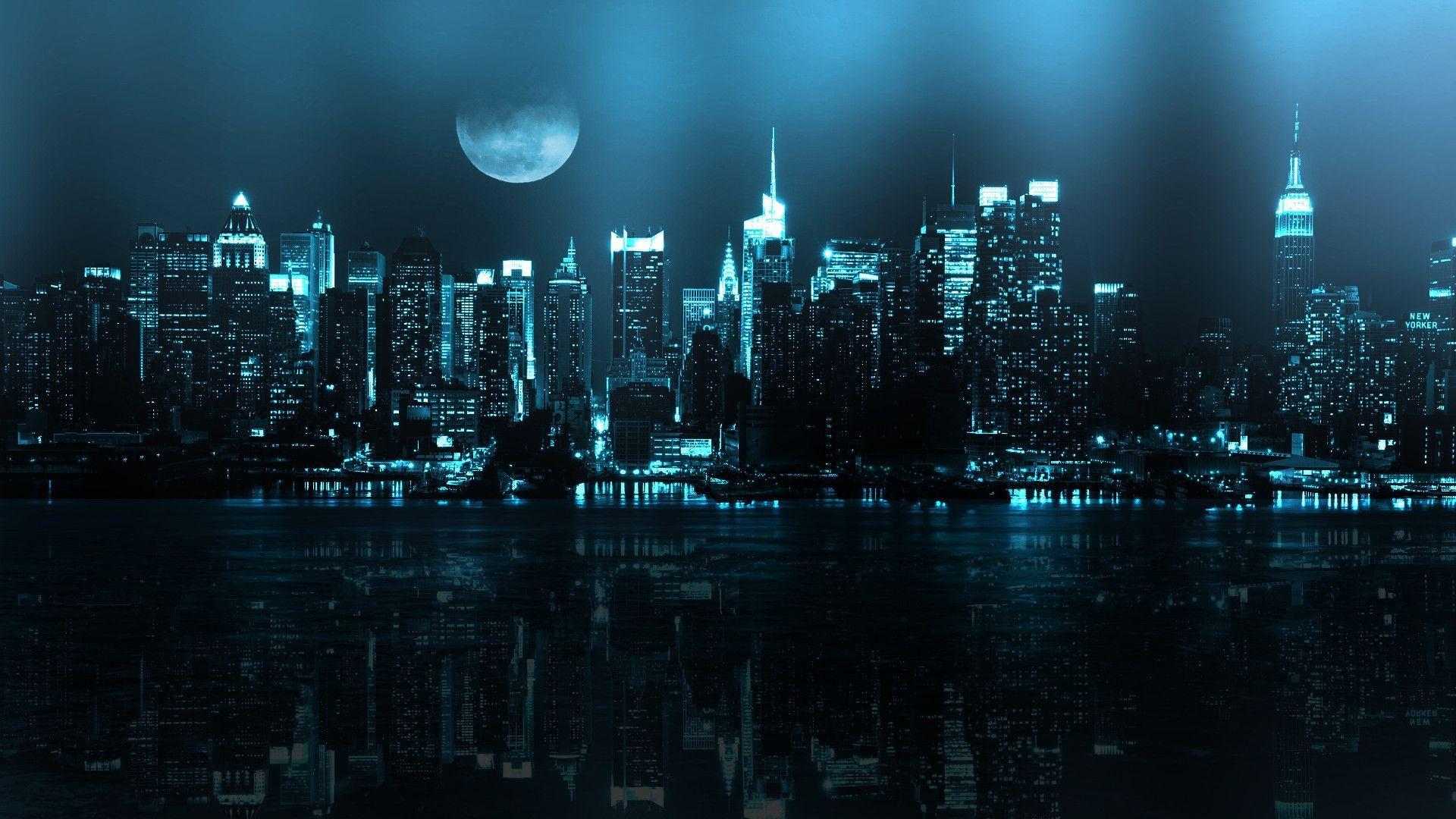 Skyline notturno città con luna, 1920x1080 1080p, PC Desktop
