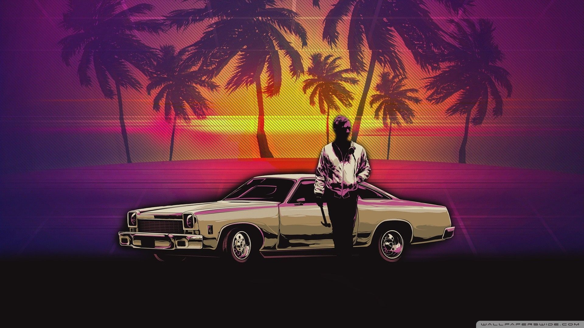 Auto classica retrowave con palme, 1920x1080 1080p, Desktop