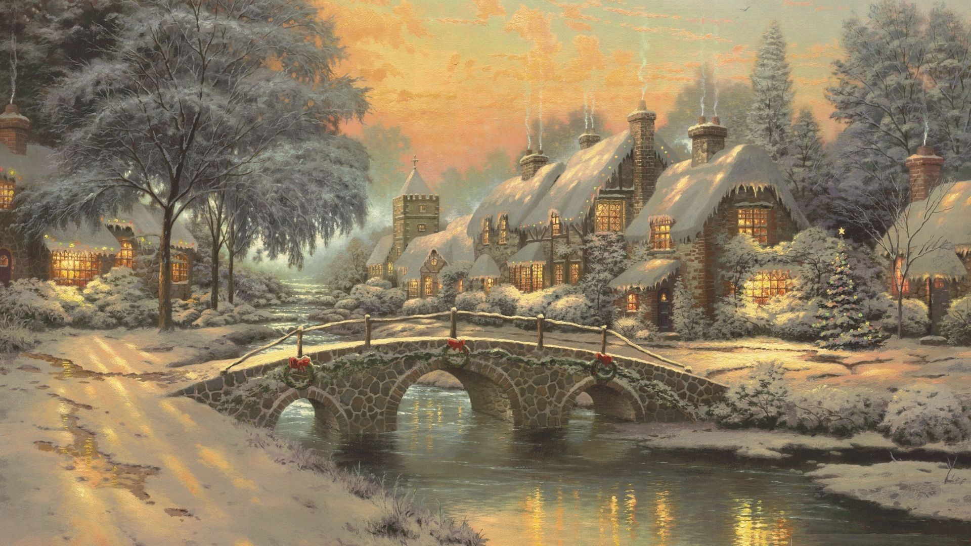 Villaggio innevato con ponte, 1920x1080 Full HD 1080p, Desktop