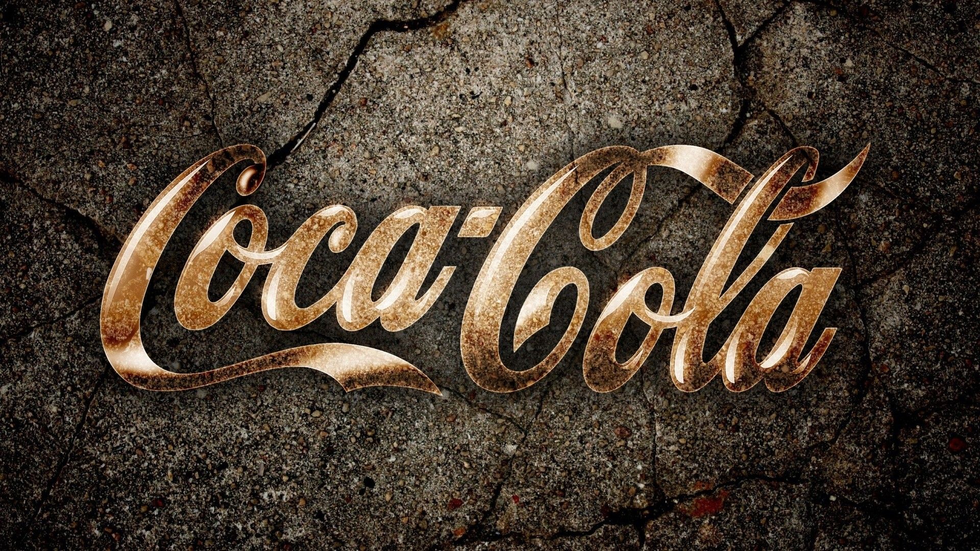 Logo Coca-Cola dorato su asfalto, 1920x1080 Full HD, Desktop