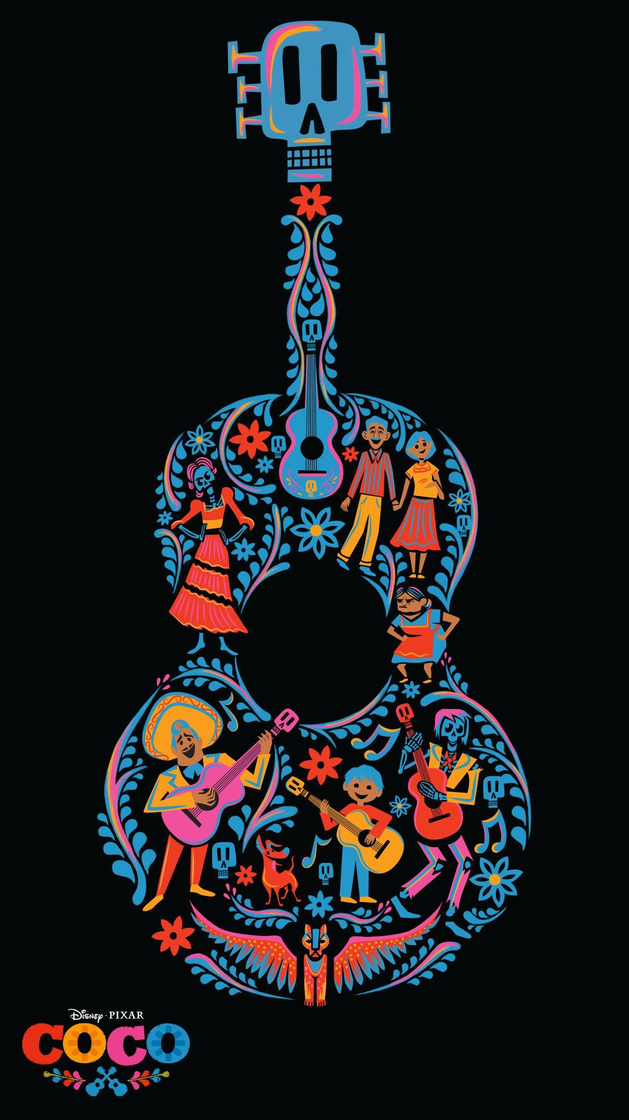 Chitarra decorativa Coco Pixar, Dia de los Muertos, 1242x2209 Full HD Verticale, Smartphone