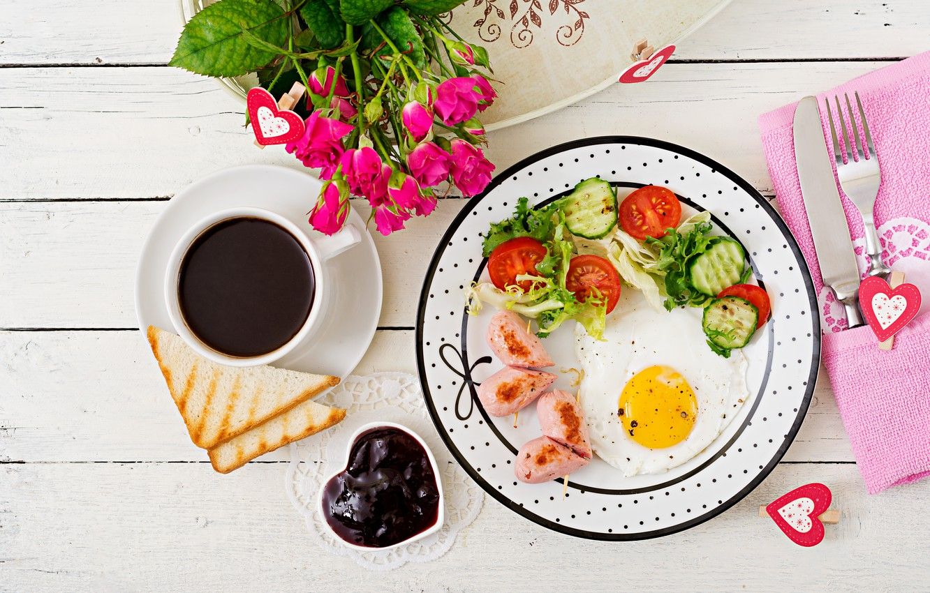 Colazione con caffè, uovo e fiori, 1332x850 720p, PC