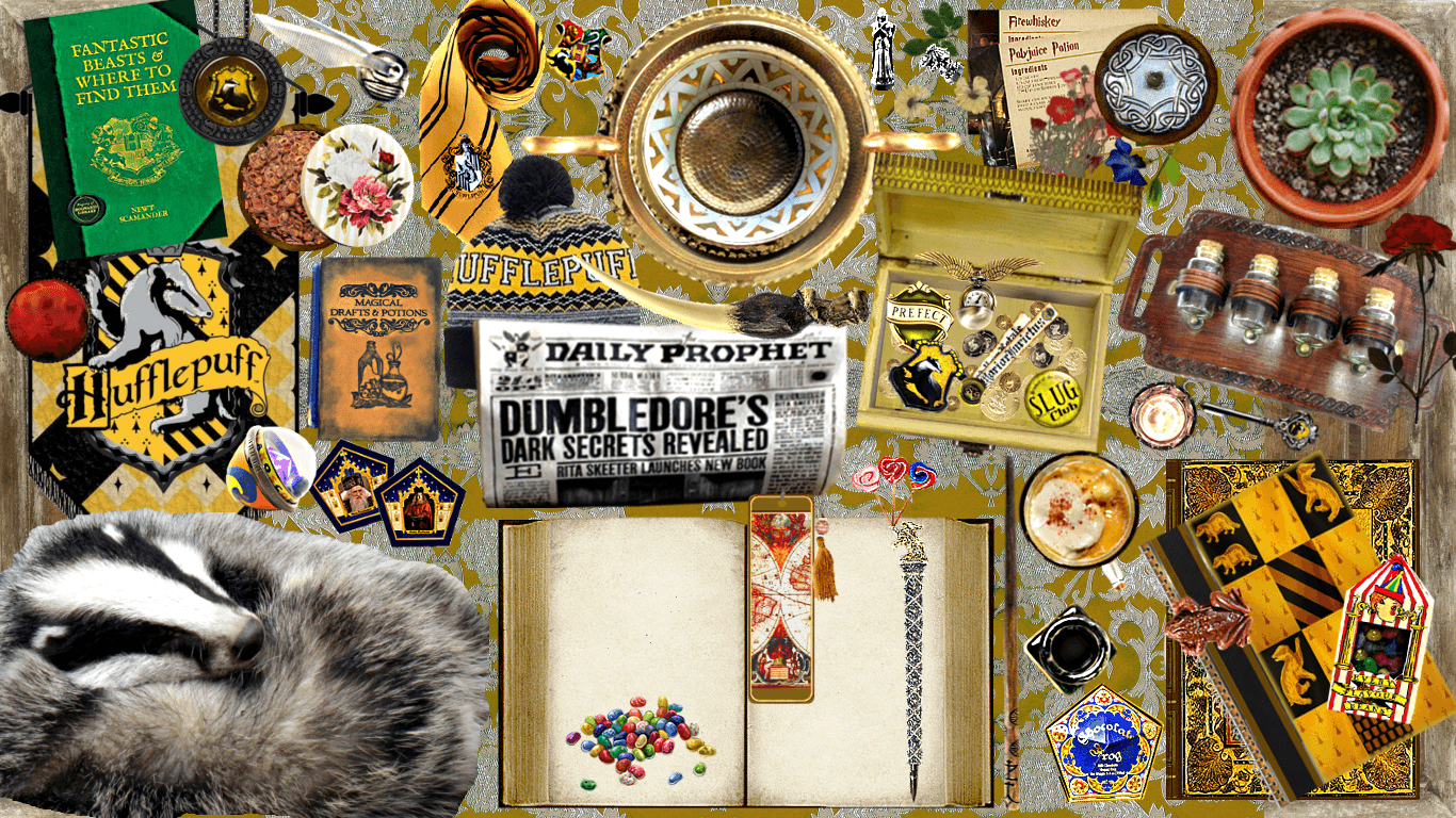 Collage oggetti Tassorosso Harry Potter, mondo magico, 1366x768 720p, Laptop