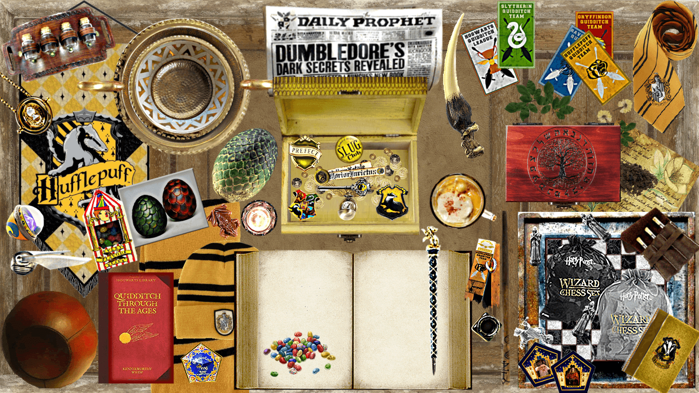 Collage oggetti Tassorosso Harry Potter, 1366x768 HD, Desktop