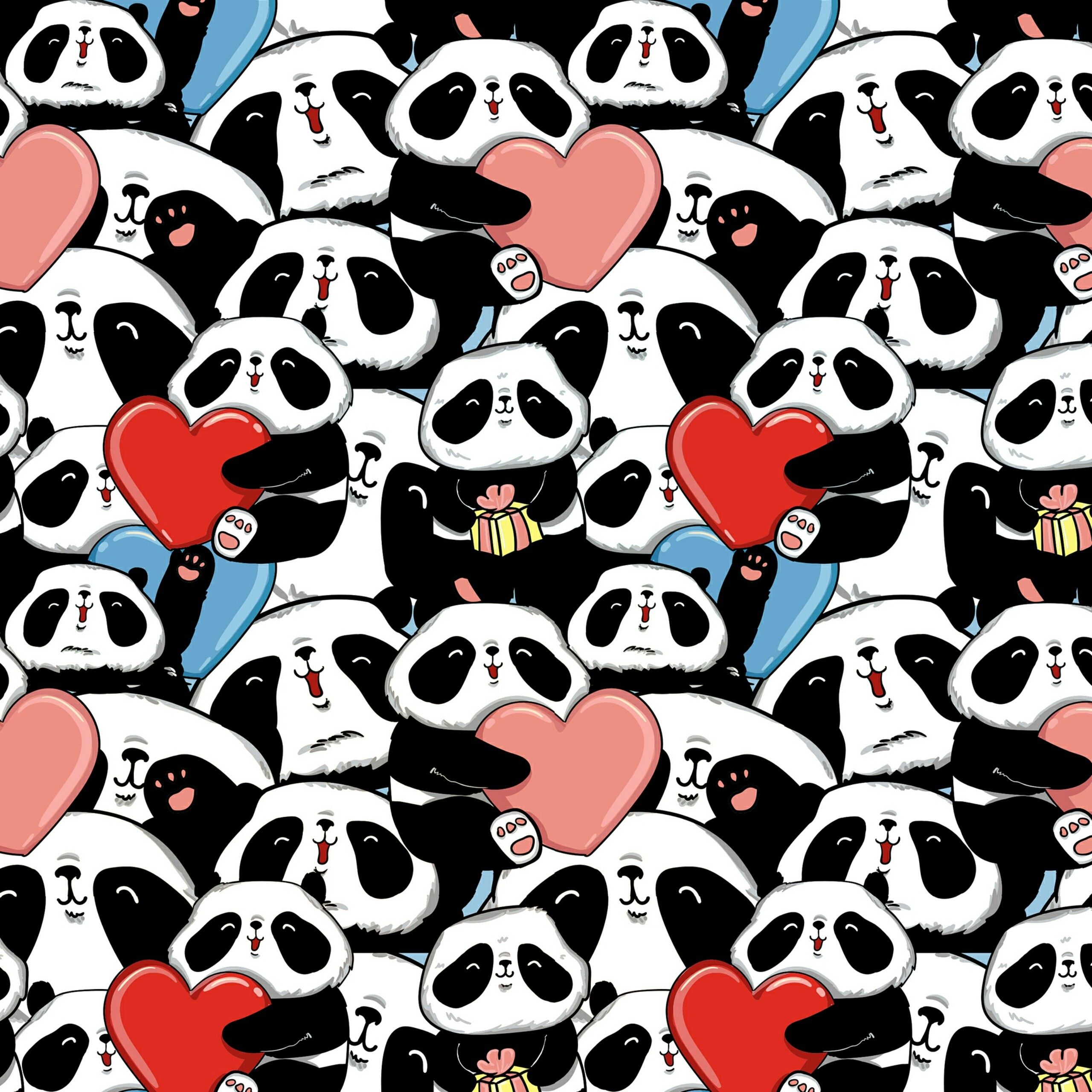Collage panda con cuori rossi, 2560x2560 2K, Laptop