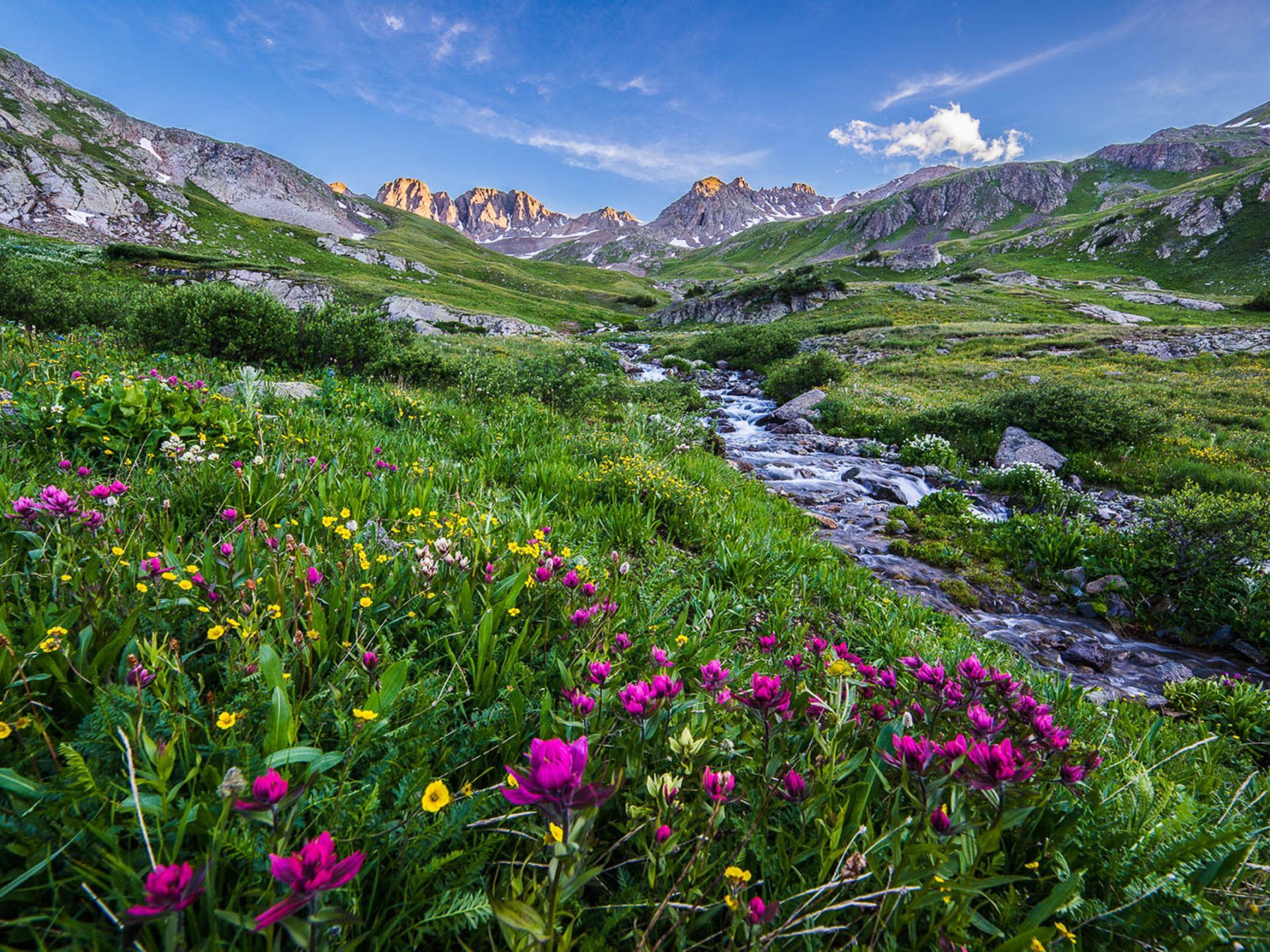 Paesaggio montano con ruscello e fiori, 1920x1440 Full HD+, PC