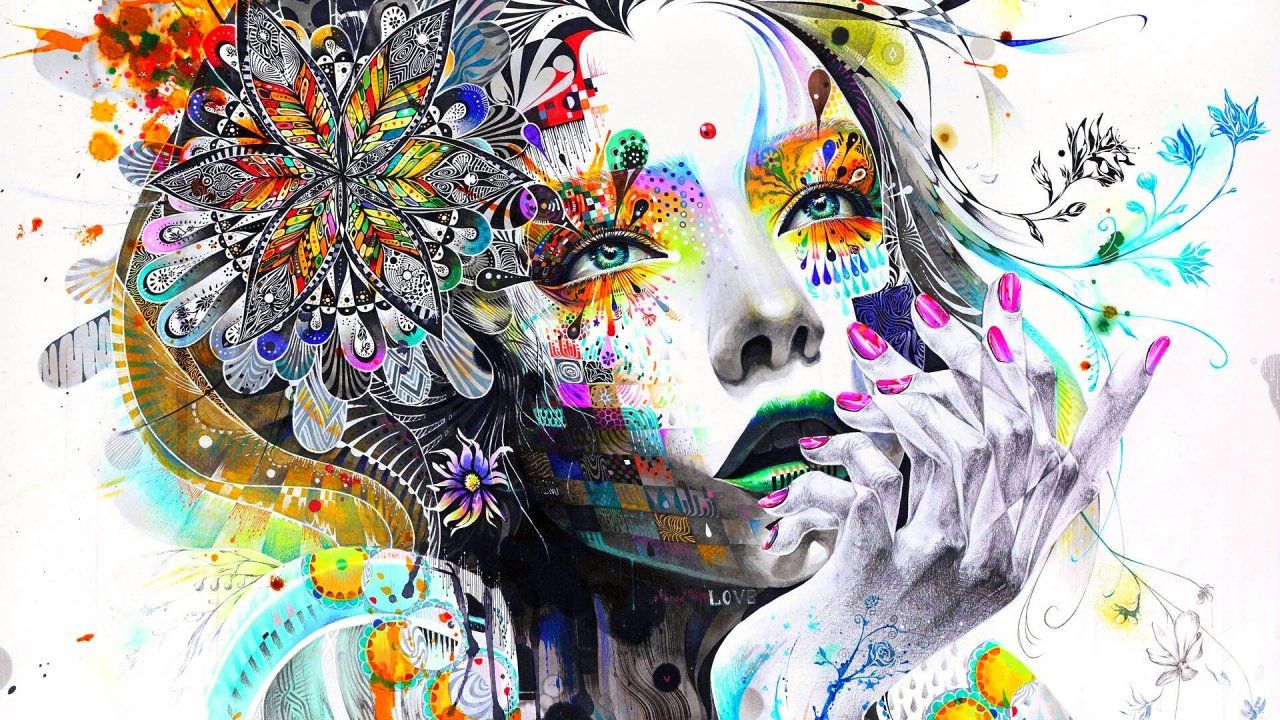Volto donna arte psichedelica colorata, 1280x720 HD, MacBook Pro