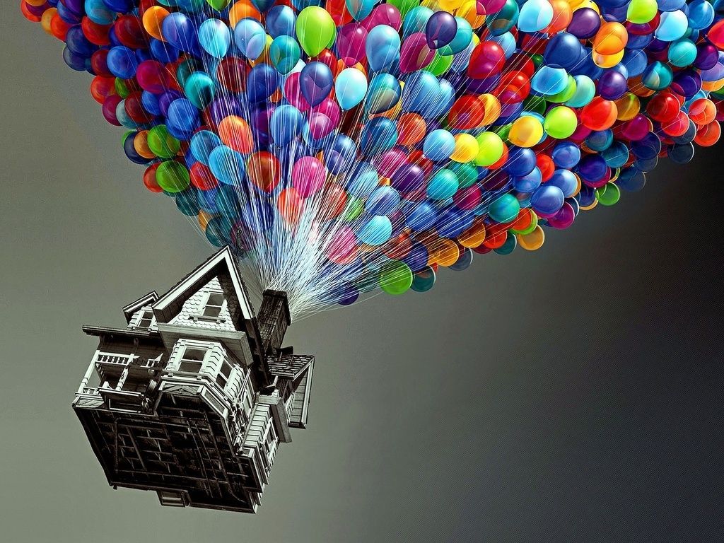 Casa volante con palloncini colorati, 1024x768 HD, Desktop