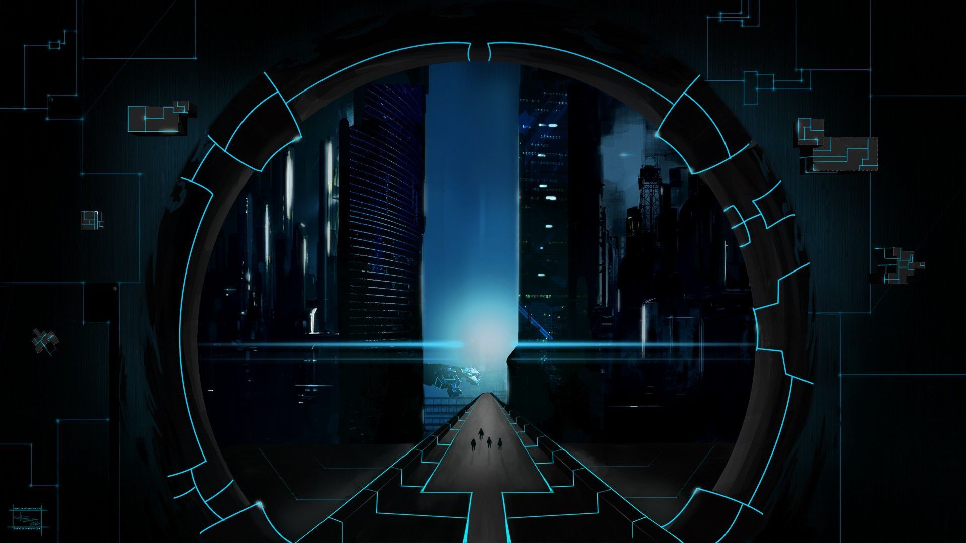 Portale futuristico città notturna, 1920x1080 Full HD, Desktop