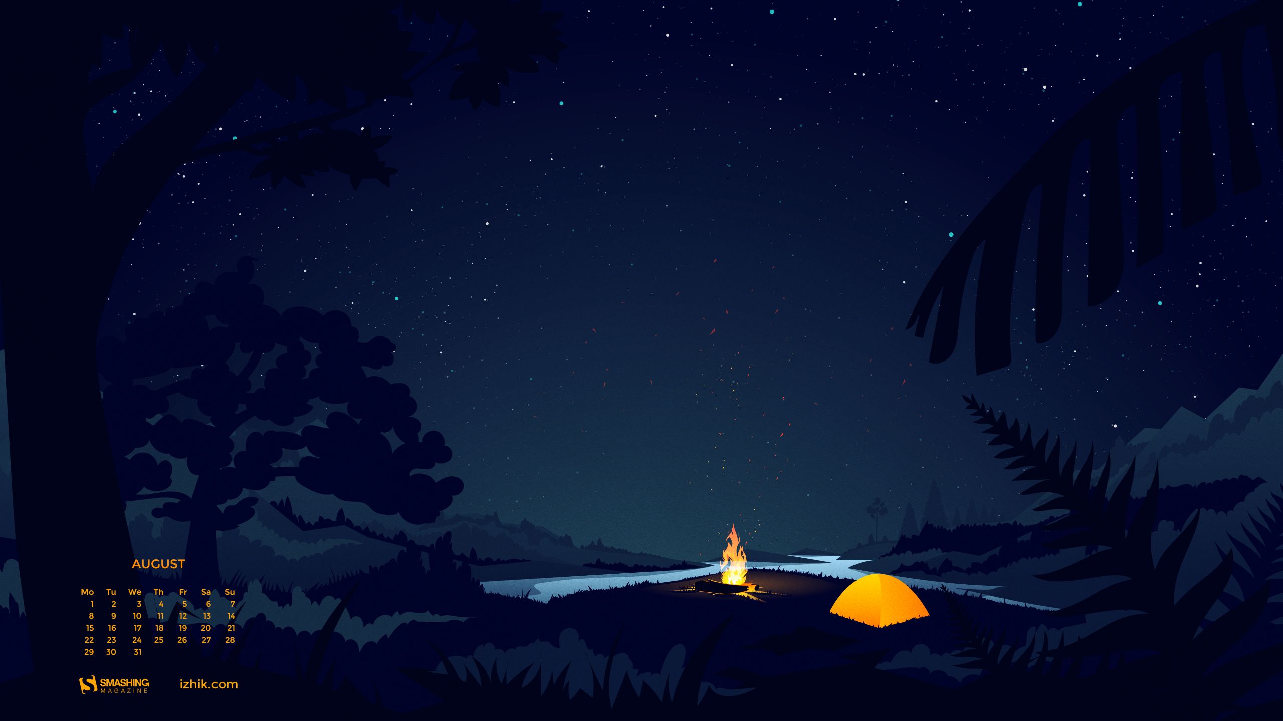 Campeggio notturno vicino lago, 2560x1440 2K, PC Desktop