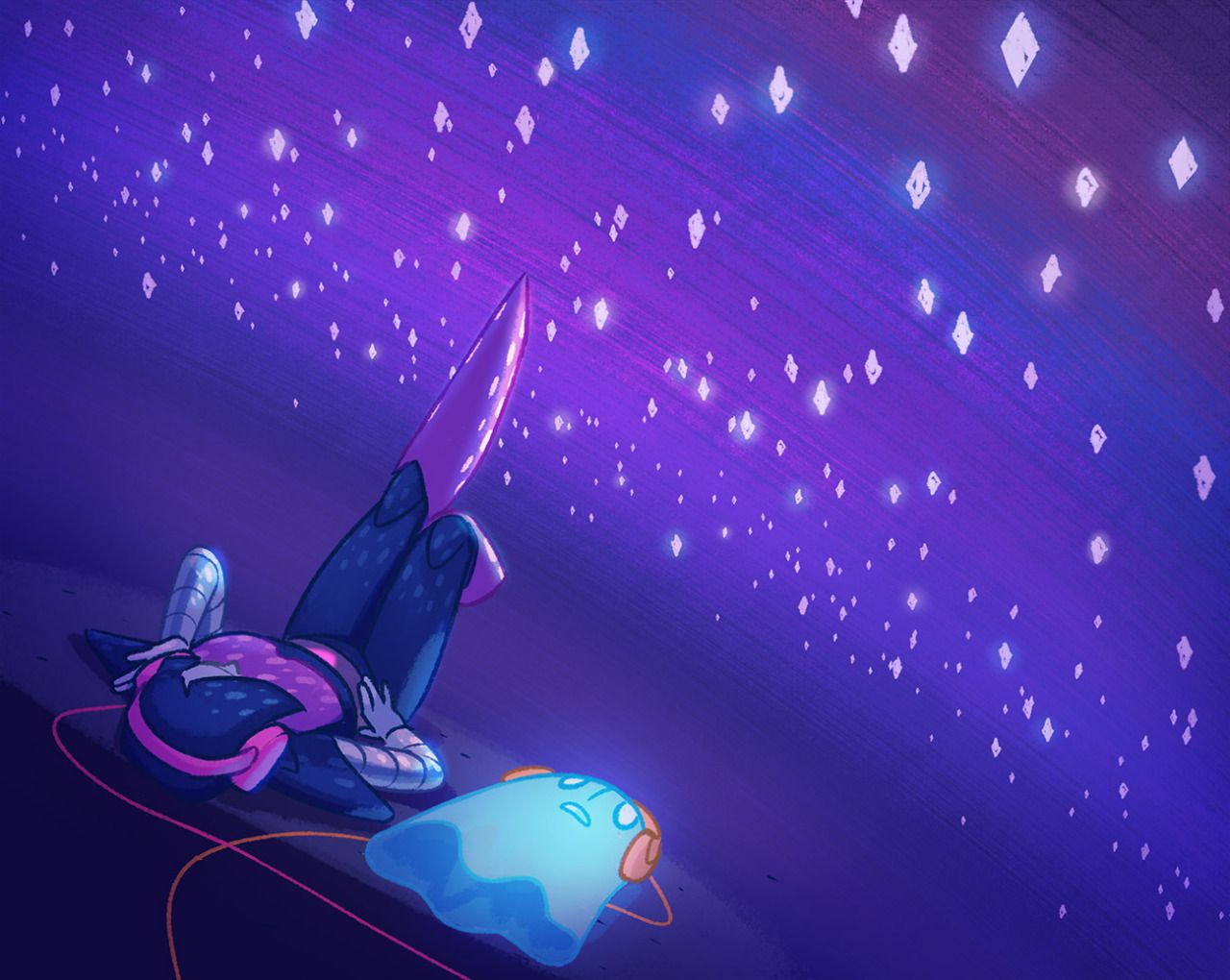 Personaggio sdraiato cielo stellato viola, 1280x1020 720p, PC