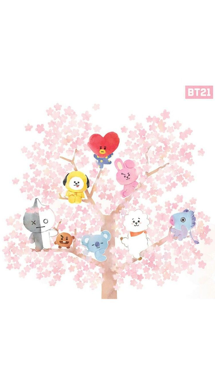 Personaggi BT21 su albero fiorito, 750x1334 Full HD Verticale, Smartphone