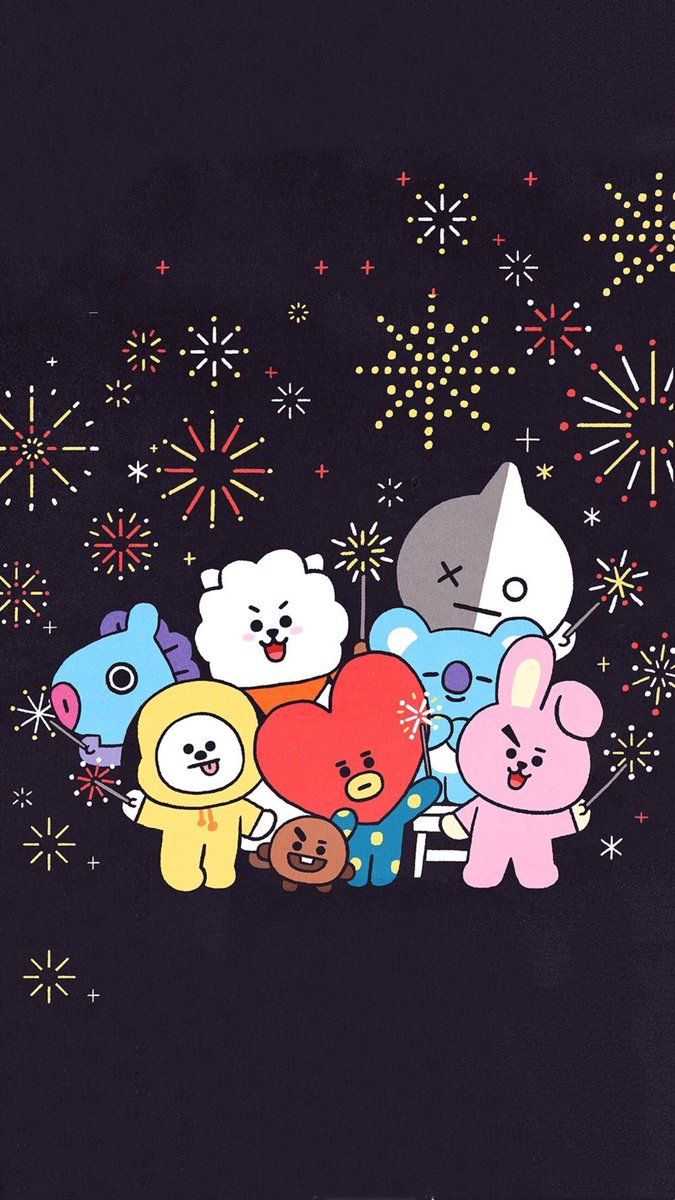 Personaggi BT21 con fuochi d'artificio, 675x1200 Verticale, Telefono