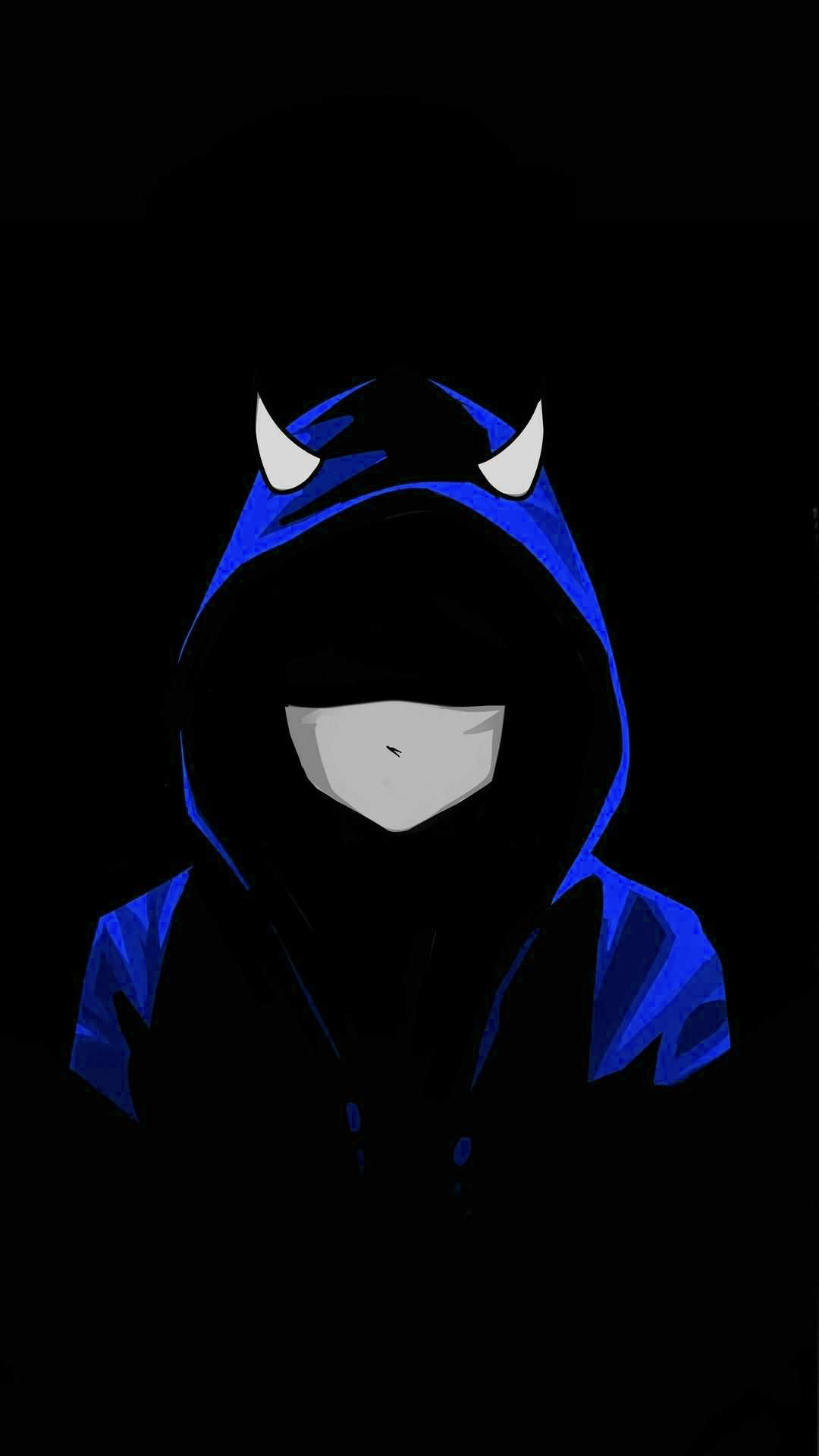 Personaggio con cappuccio blu e corna, 1080x1920 Verticale, Telefono