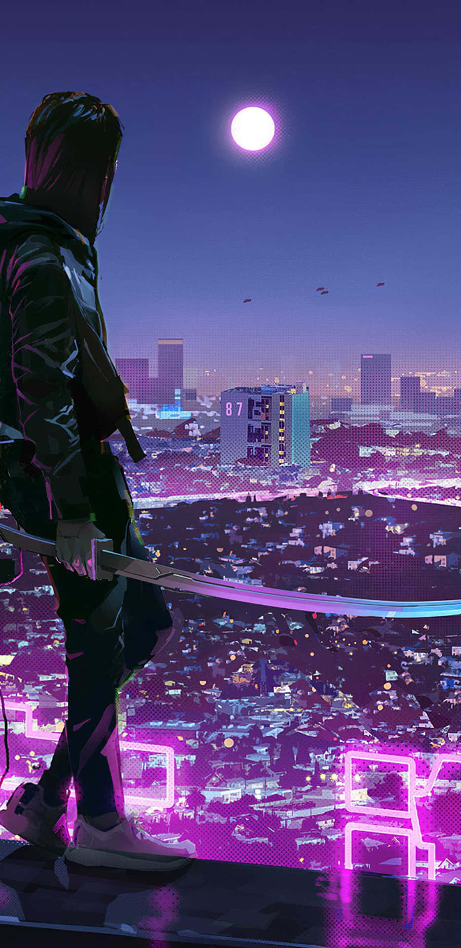 Ragazzo con katana skyline notturno, 934x1920 Full HD Verticale, iPhone