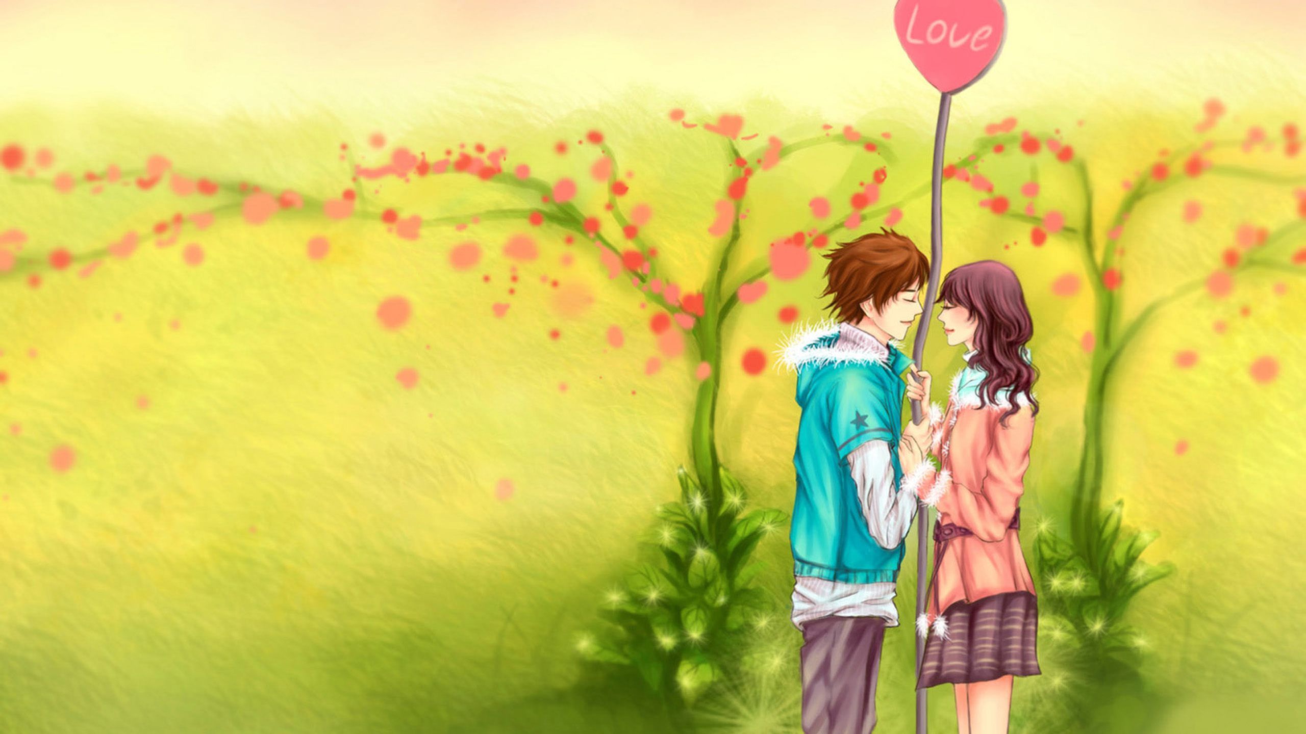 Coppia anime sotto fiori rosa, 2560x1440 1440p, Desktop