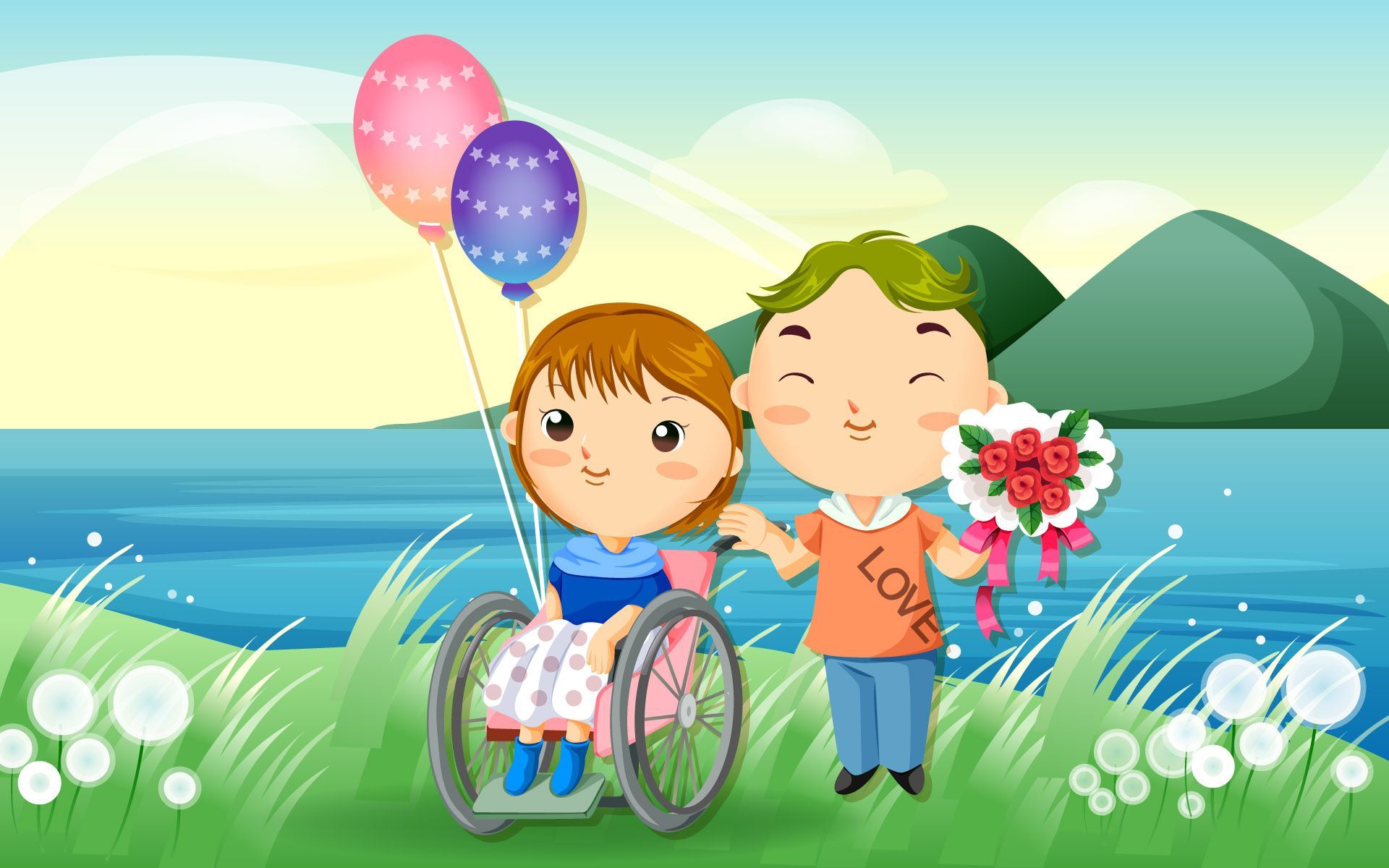 Coppia cartoon con palloncini fiori, 1920x1200 Full HD+ WUXGA, Laptop