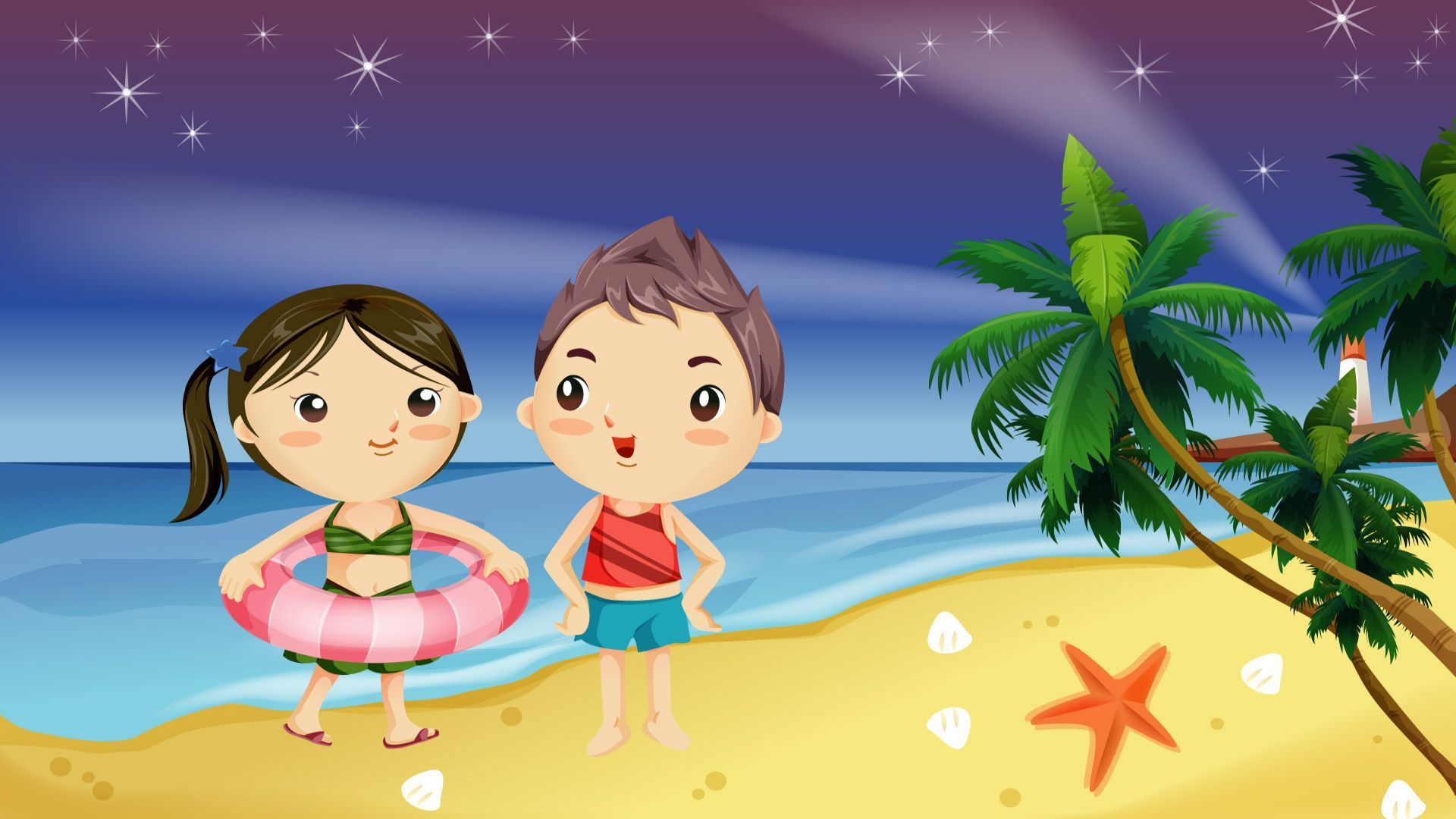Coppia cartoon spiaggia palme, 1920x1080 Full HD 1080p, PC