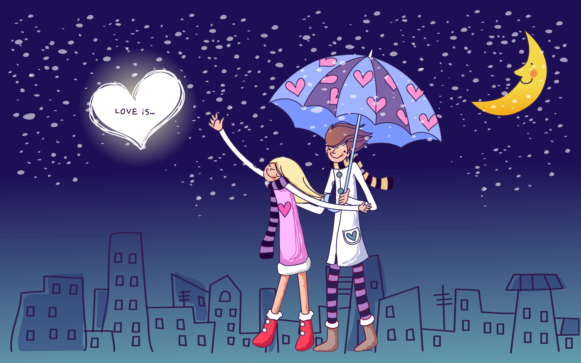 Coppia cartoon sotto ombrello notturno, 1920x1200 WUXGA, Desktop