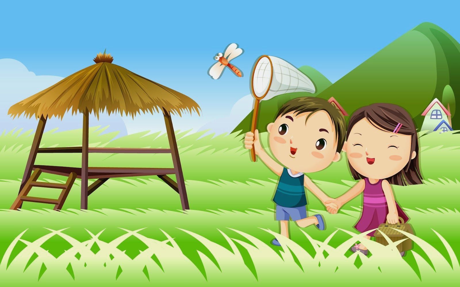 Coppia cartoon bambini campo verde, 1600x1000 HD, Desktop