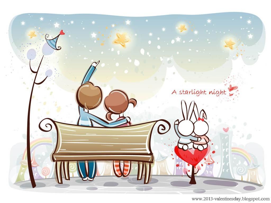 Coppia cartoon panchina notte stellata, 1024x768 HD, Desktop