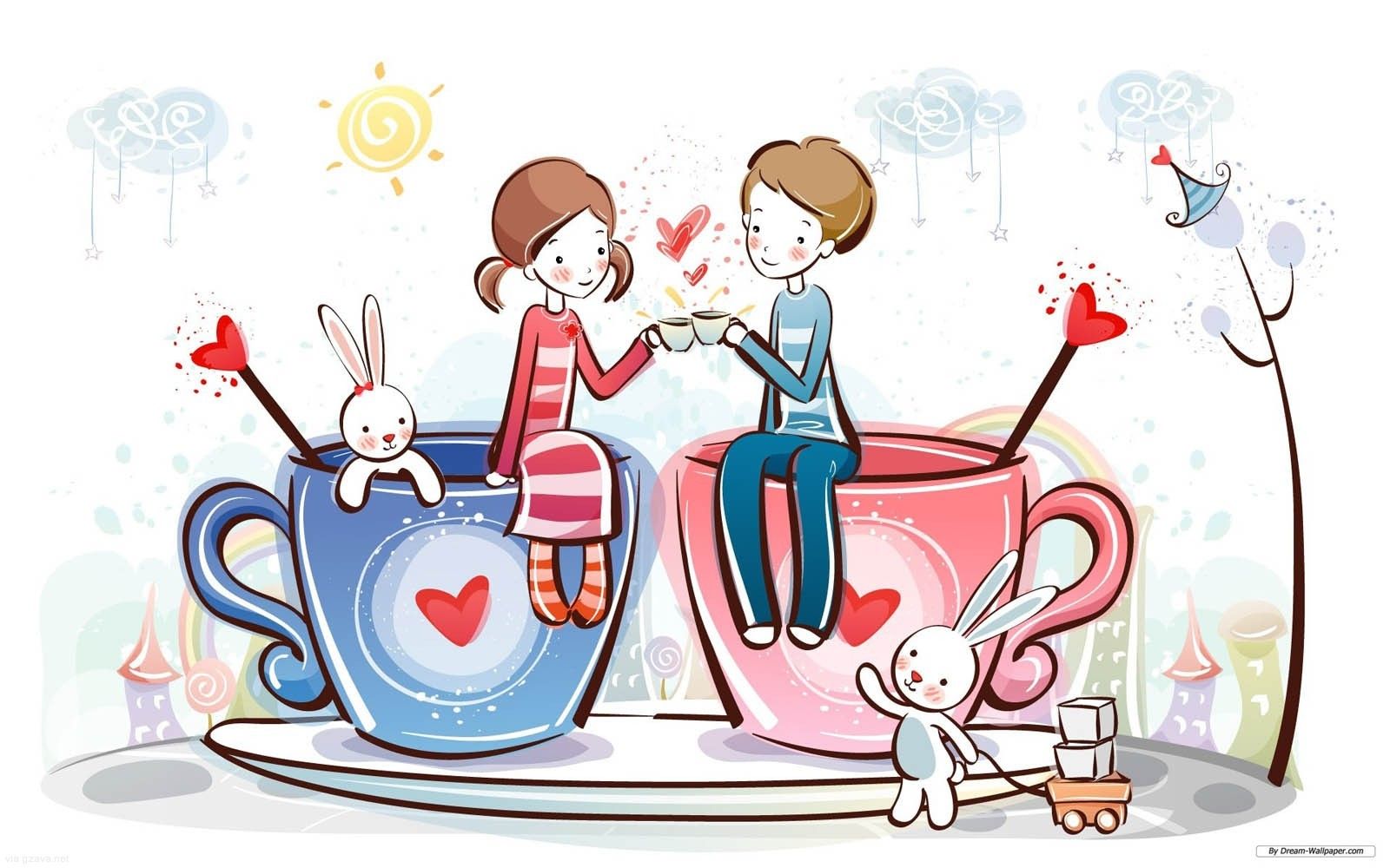 Coppia cartoon seduta su tazze, 1600x1000 HD Ready, PC