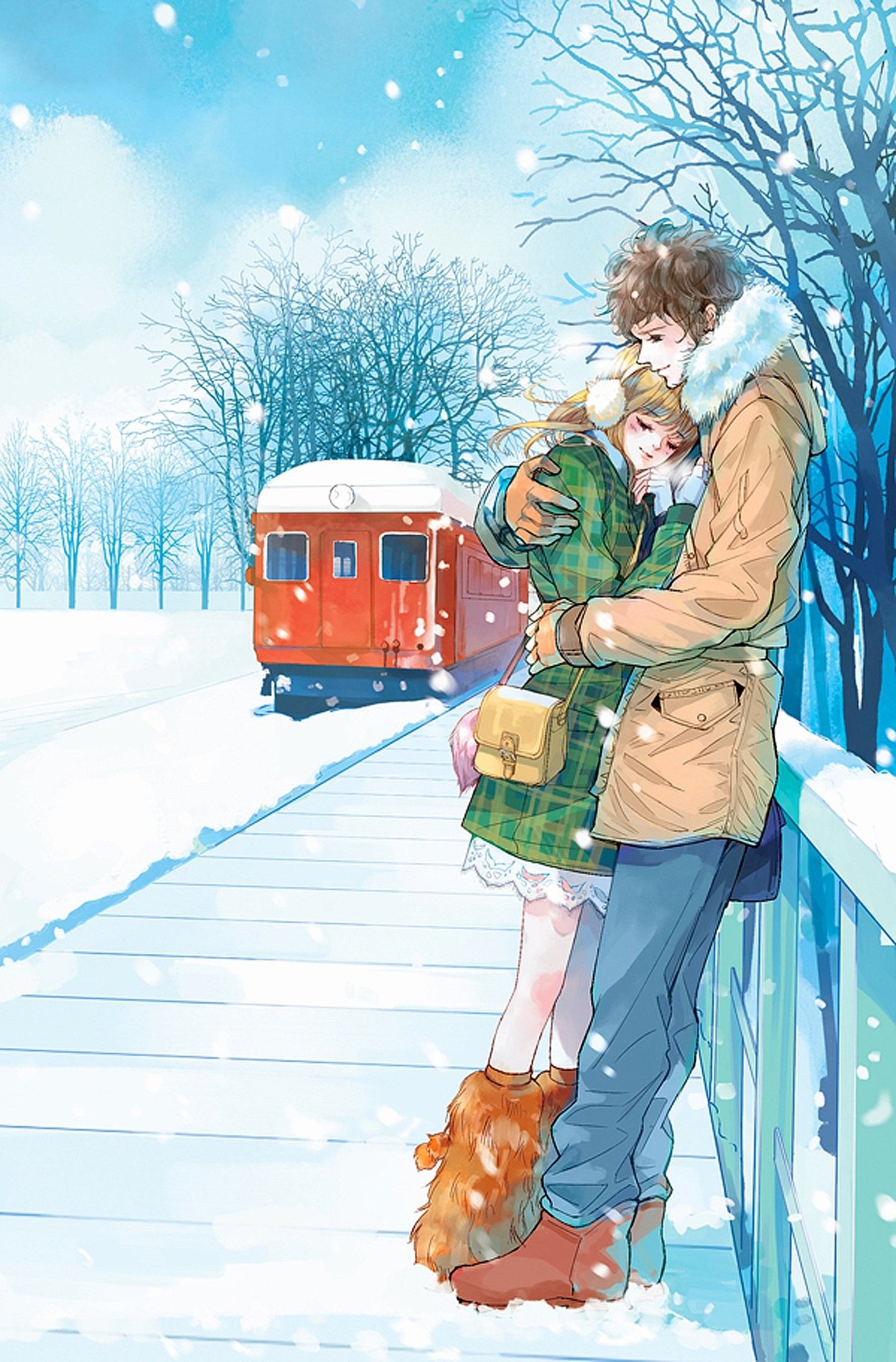 Coppia anime abbraccio neve treno, 1440x2189 Full HD Verticale, iPhone