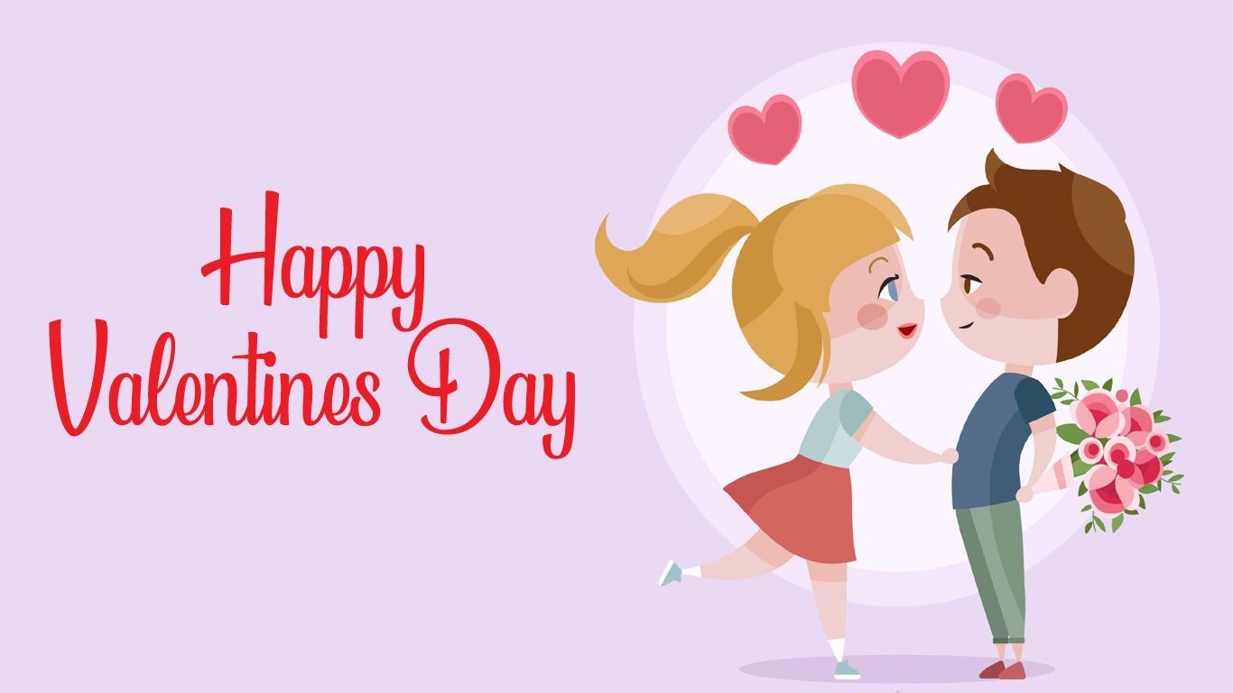 Coppia cartoon San Valentino fiori, 1366x768 720p, PC
