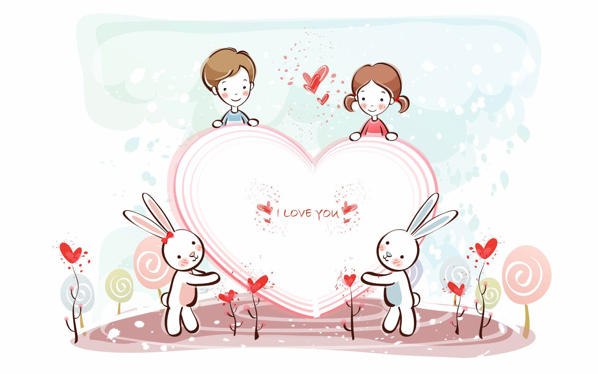 Coppia cartoon con coniglietti cuore, 1920x1200 WUXGA, Desktop