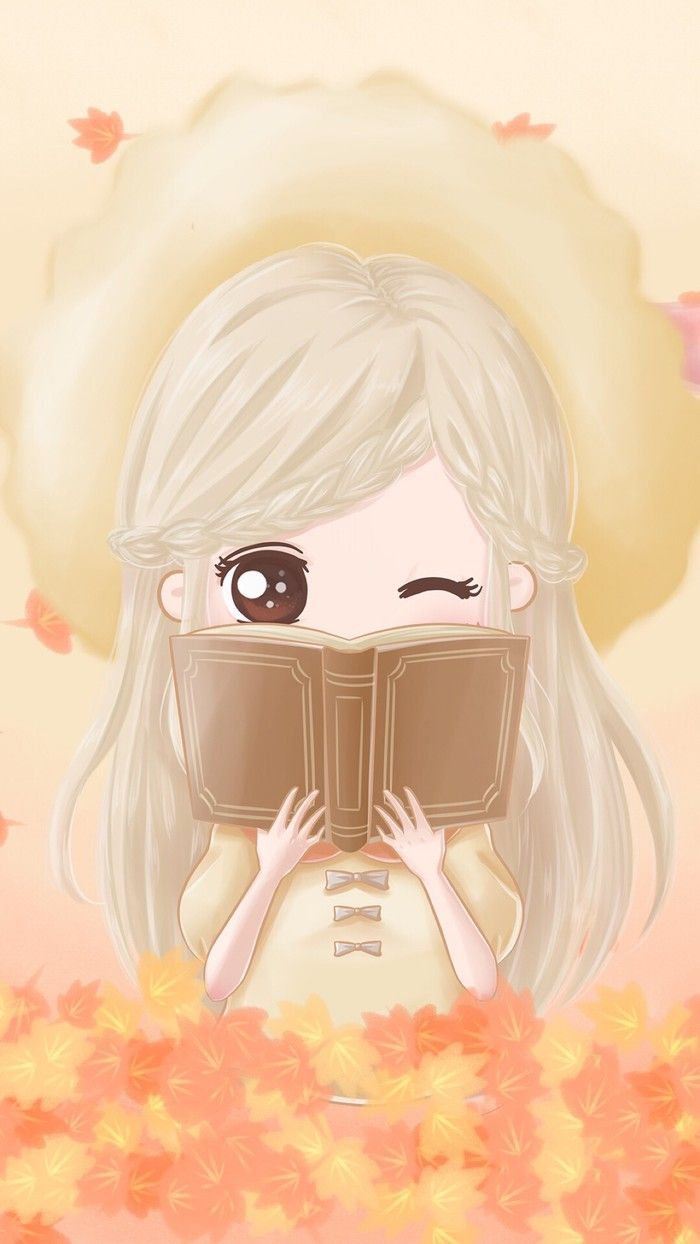 Ragazza cartoon con libro autunno, 700x1244 Verticale, Mobile