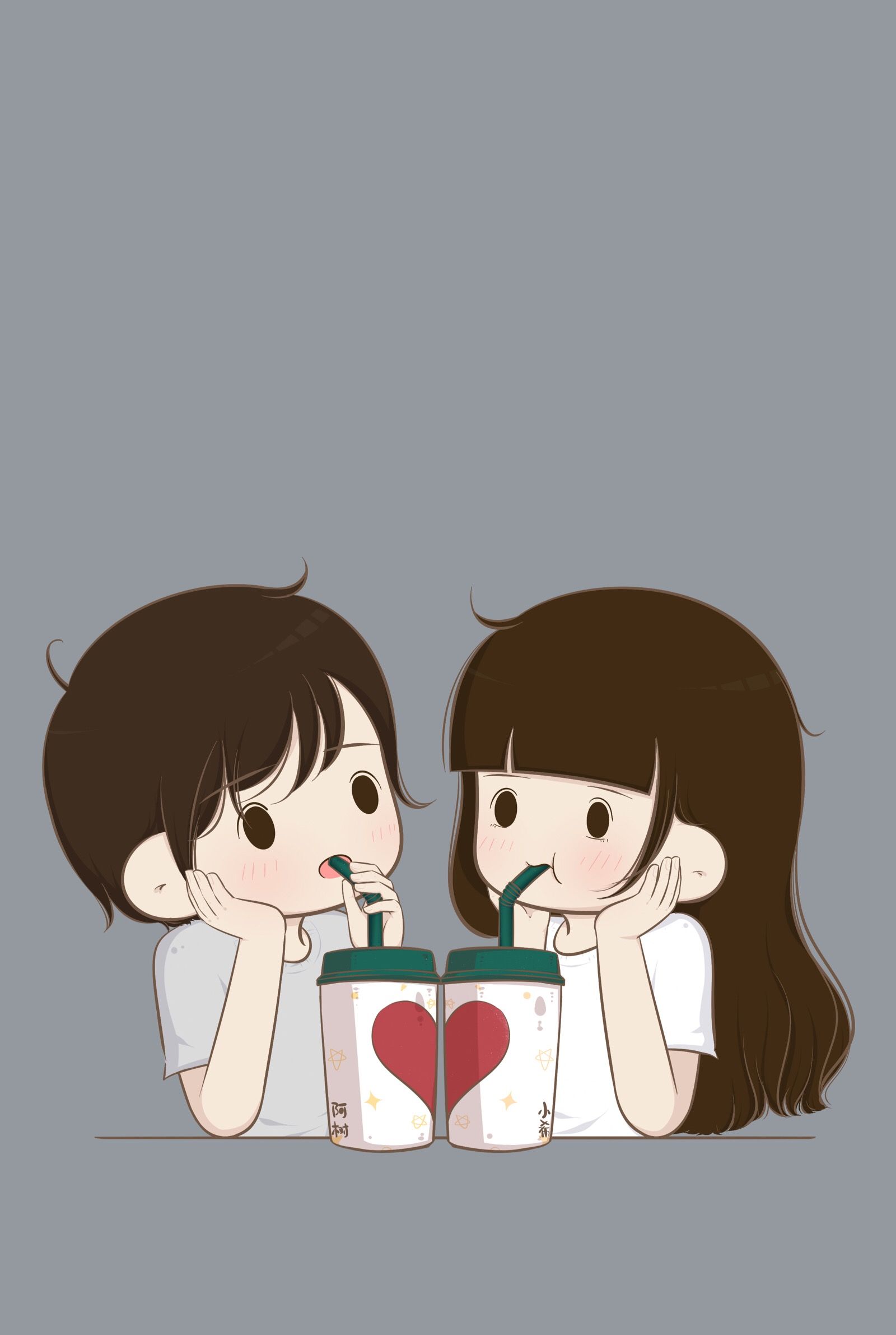 Coppia chibi con bevande cuore, 1600x2382 Full HD Verticale, Smartphone