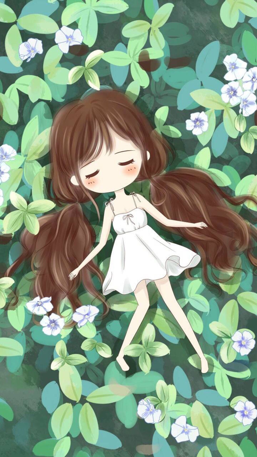 Bambina chibi tra foglie verdi, 1080x1920 Full HD Verticale, iPhone