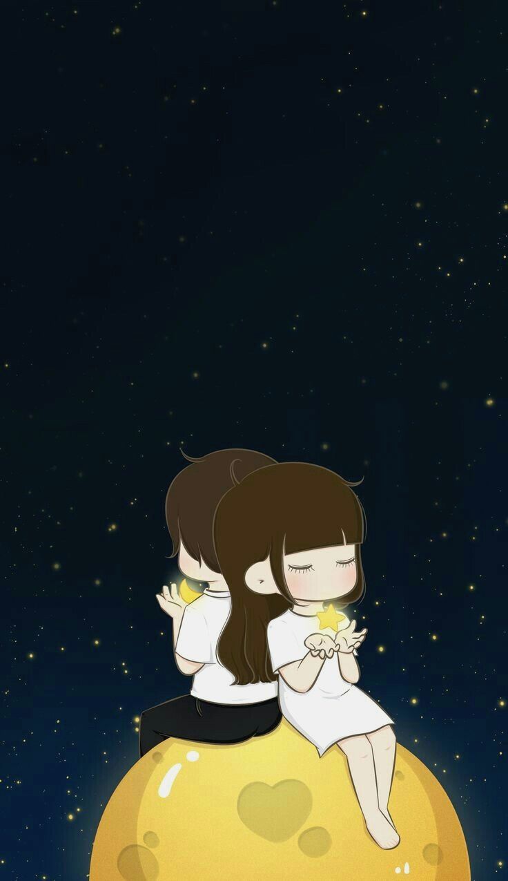Coppia chibi seduta sulla luna, 736x1275 Full HD Verticale, iPhone