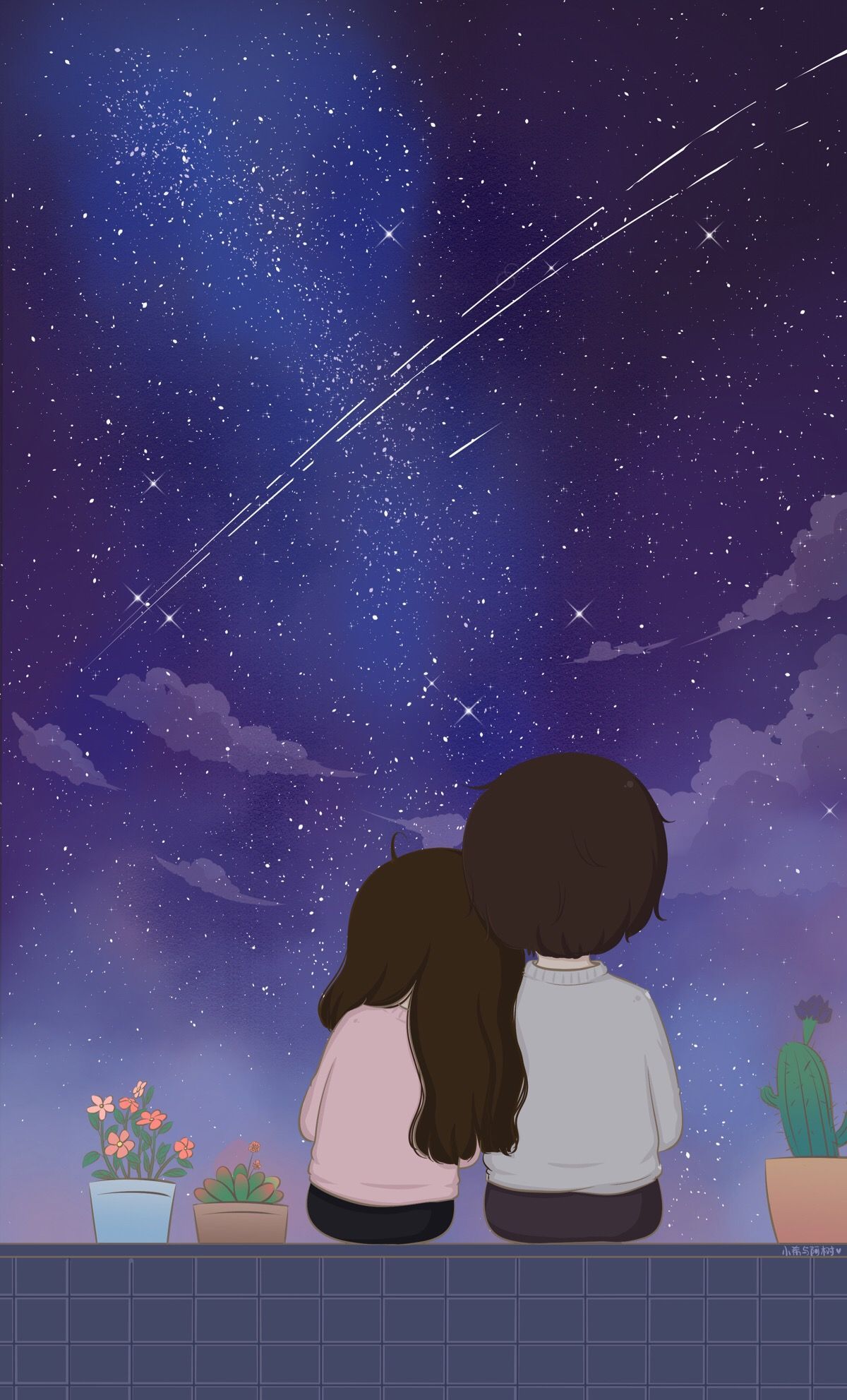Coppia chibi guarda stelle notte, 1200x1983 Verticale, Telefono
