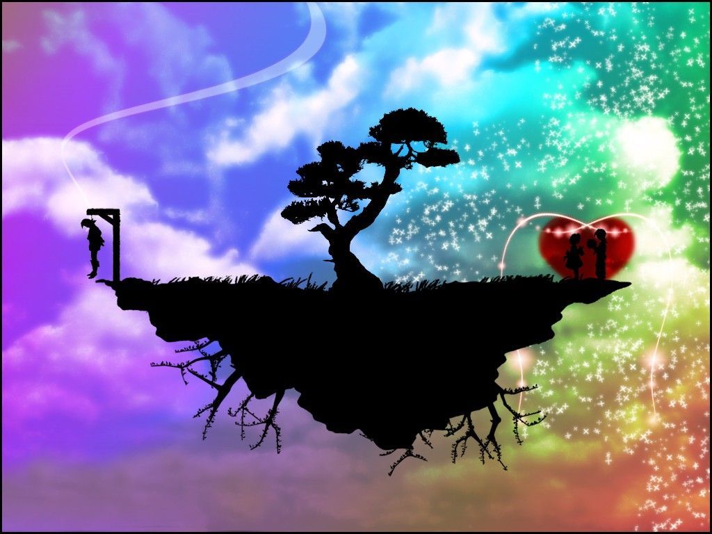 Isola fluttuante silhouette cuore albero, 1024x768 HD, Laptop