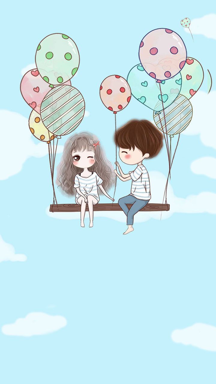 Coppia cartoon su altalena palloncini, 720x1280 Full HD Verticale, Smartphone