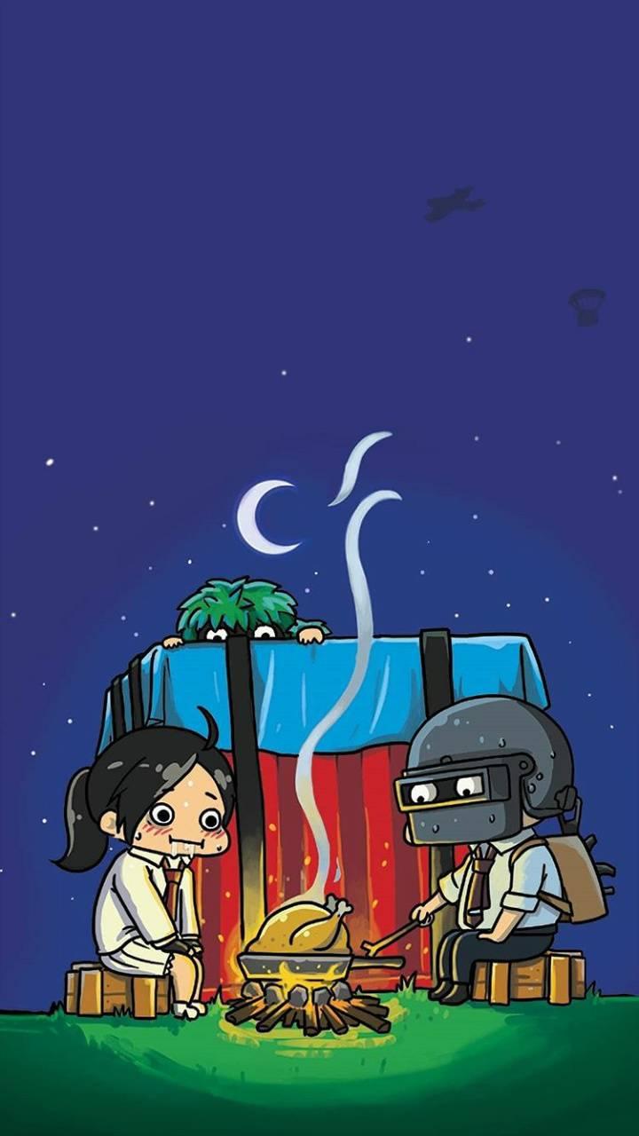 Coppia PUBG accanto al falò, battle royale, 720x1280 Verticale, iPhone Pro Max