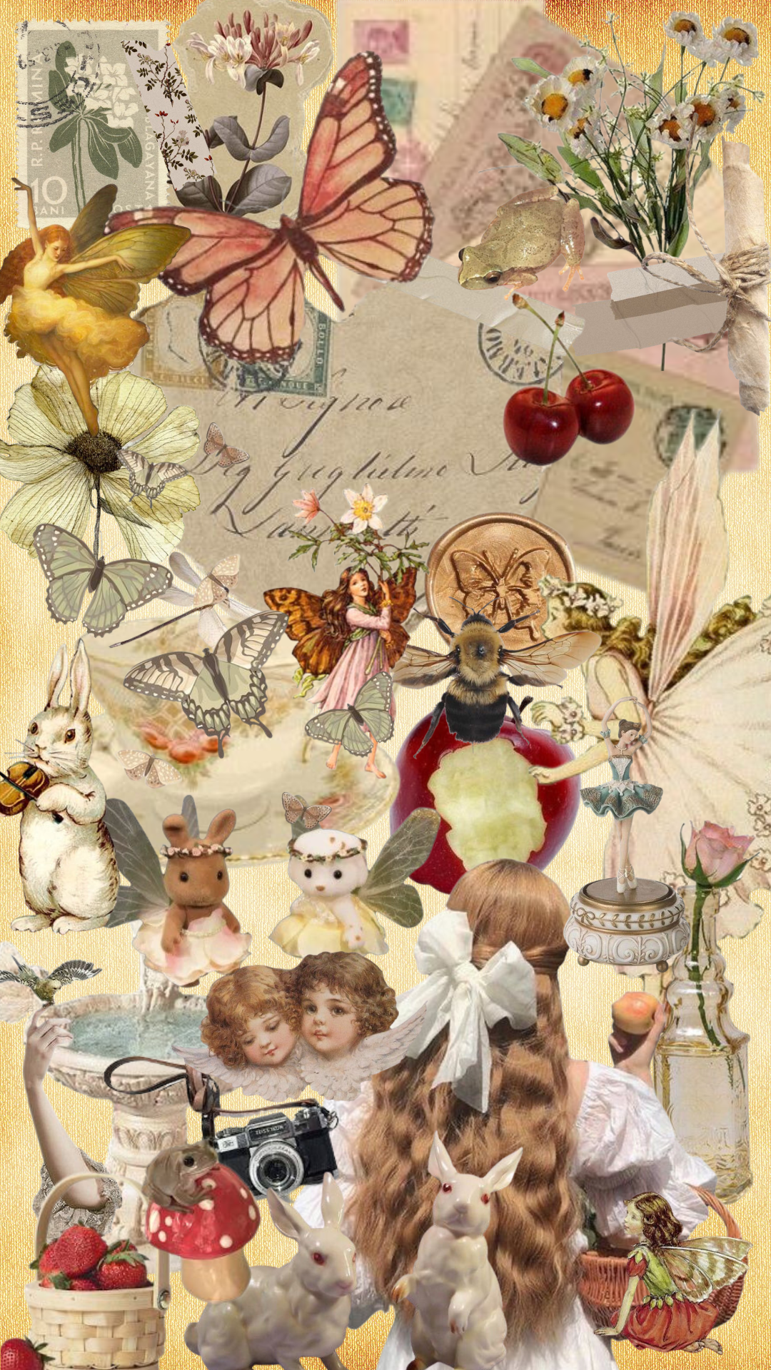 Collage vintage farfalle bambole coquette, 1080x1920 Verticale, Telefono