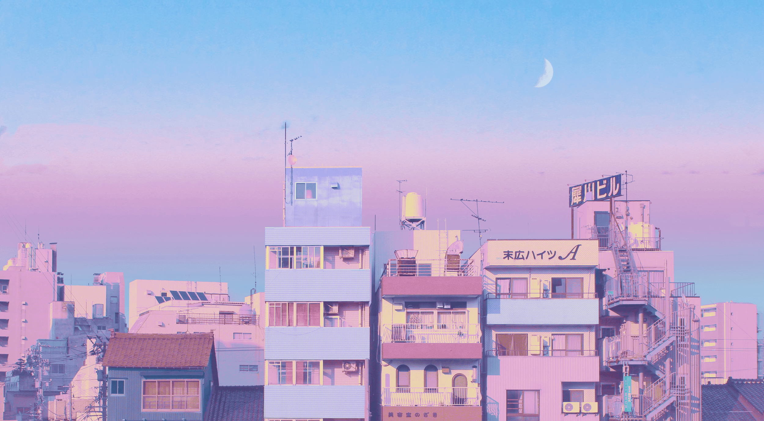 Skyline urbano pastello con luna, 2500x1379 alta risoluzione, PC