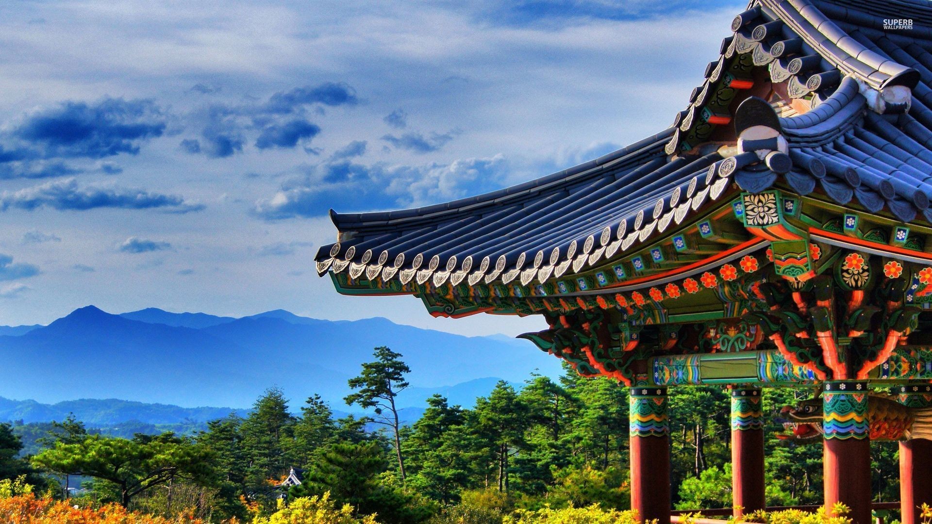 Tempio coreano tradizionale montagne, 1920x1080 1080p, PC