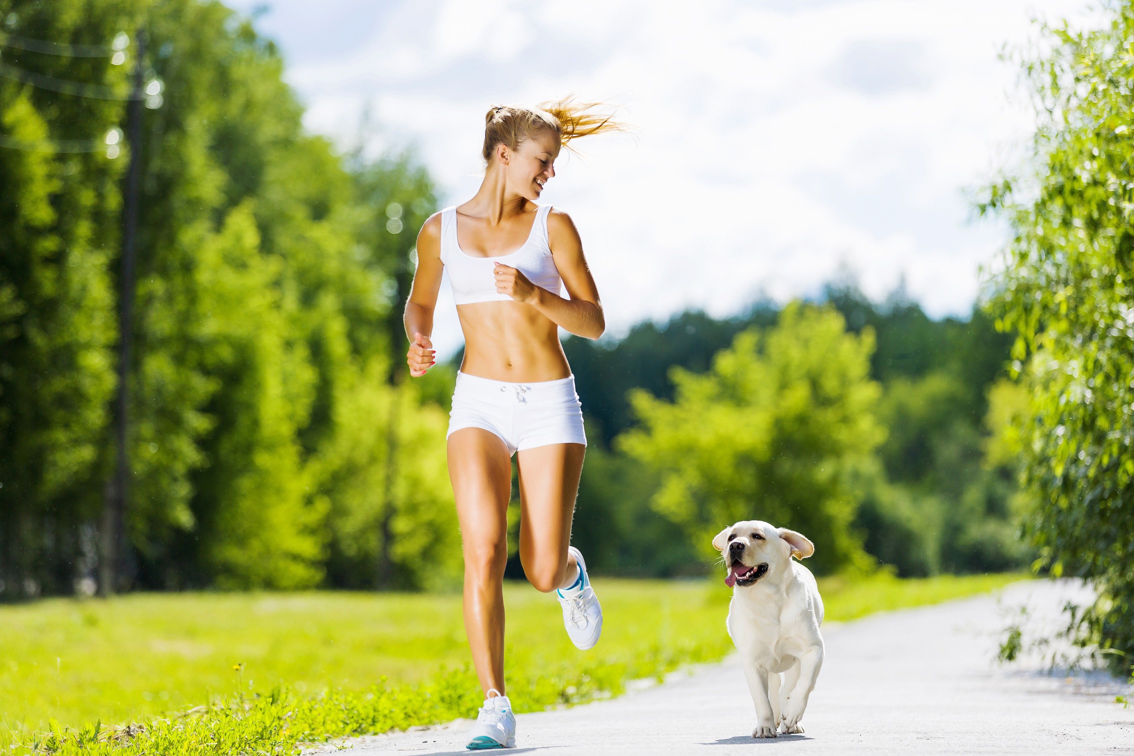 Donna corre con cane parco, 3700x2467 WQXGA, Laptop