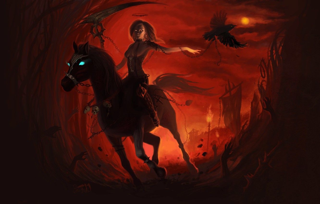 Ragazza a cavallo con corvi, 1332x850 720p, Laptop